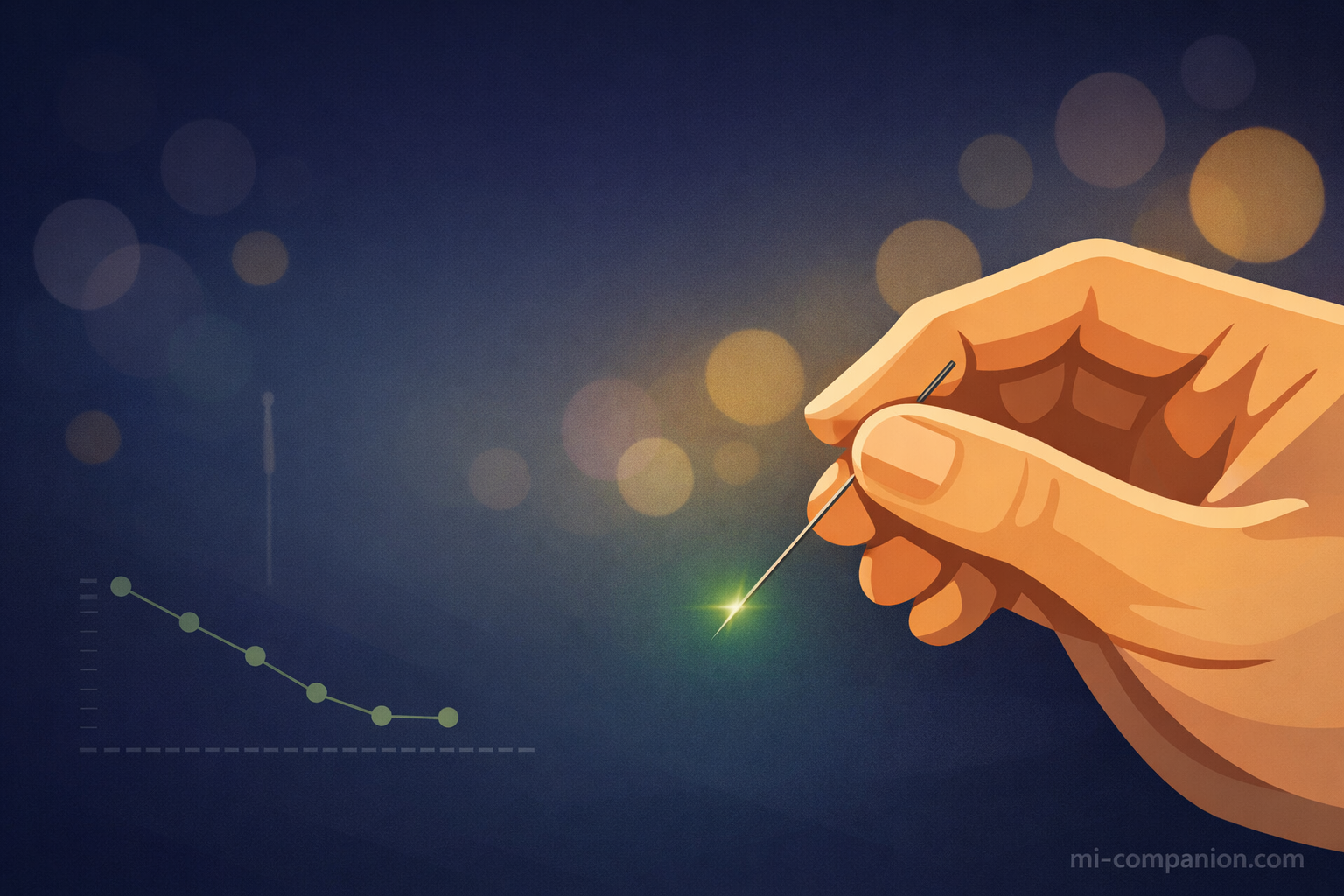 A practitioner's hand holding an acupuncture needle with precision — warm atmospheric illustration with soft bokeh light on a dark clinical background