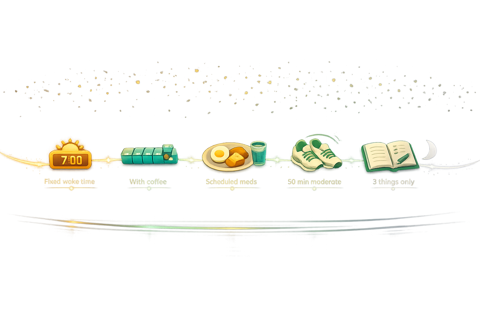 Illustration of a gentle timeline curve flowing from sunrise to moonrise with five glowing anchor points — alarm clock, pill organizer, plate with food, running shoes, and journal — connected by luminous threads, representing external scaffolding that supports daily routine for ADHD-migraine management