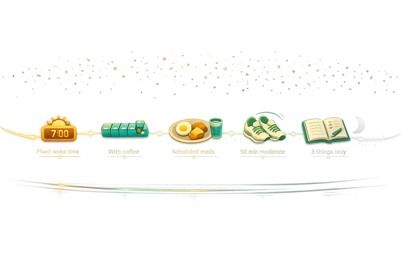 Illustration of a gentle timeline curve flowing from sunrise to moonrise with five glowing anchor points — alarm clock, pill organizer, plate with food, running shoes, and journal — connected by luminous threads, representing external scaffolding that supports daily routine for ADHD-migraine management