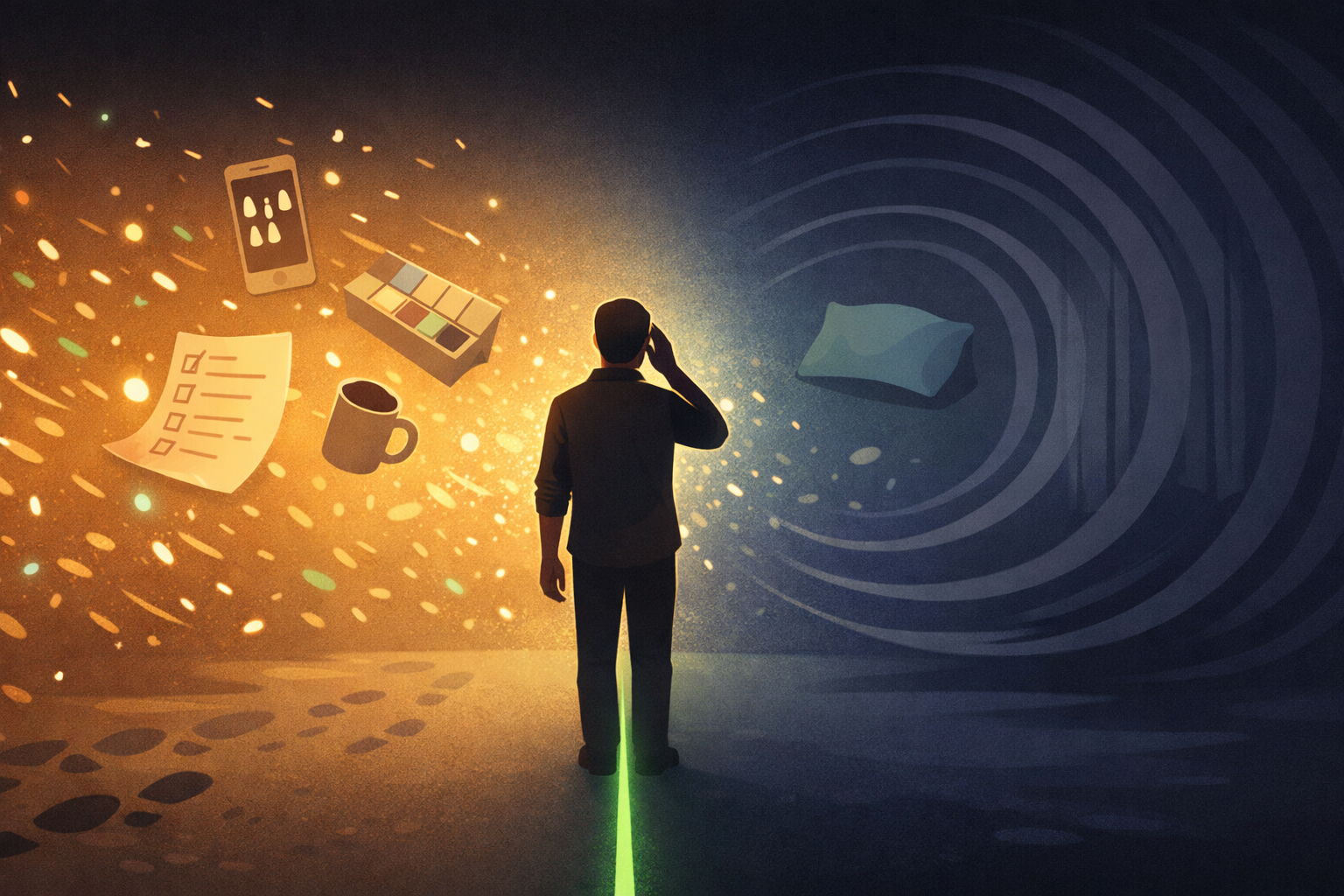 Atmospheric illustration of a solitary figure standing between two contrasting forces — scattered warm particles and floating objects on the left representing ADHD chaos, and dense cool pressure rings with a pillow on the right representing migraine compression — with a thin green path line at their feet leading forward