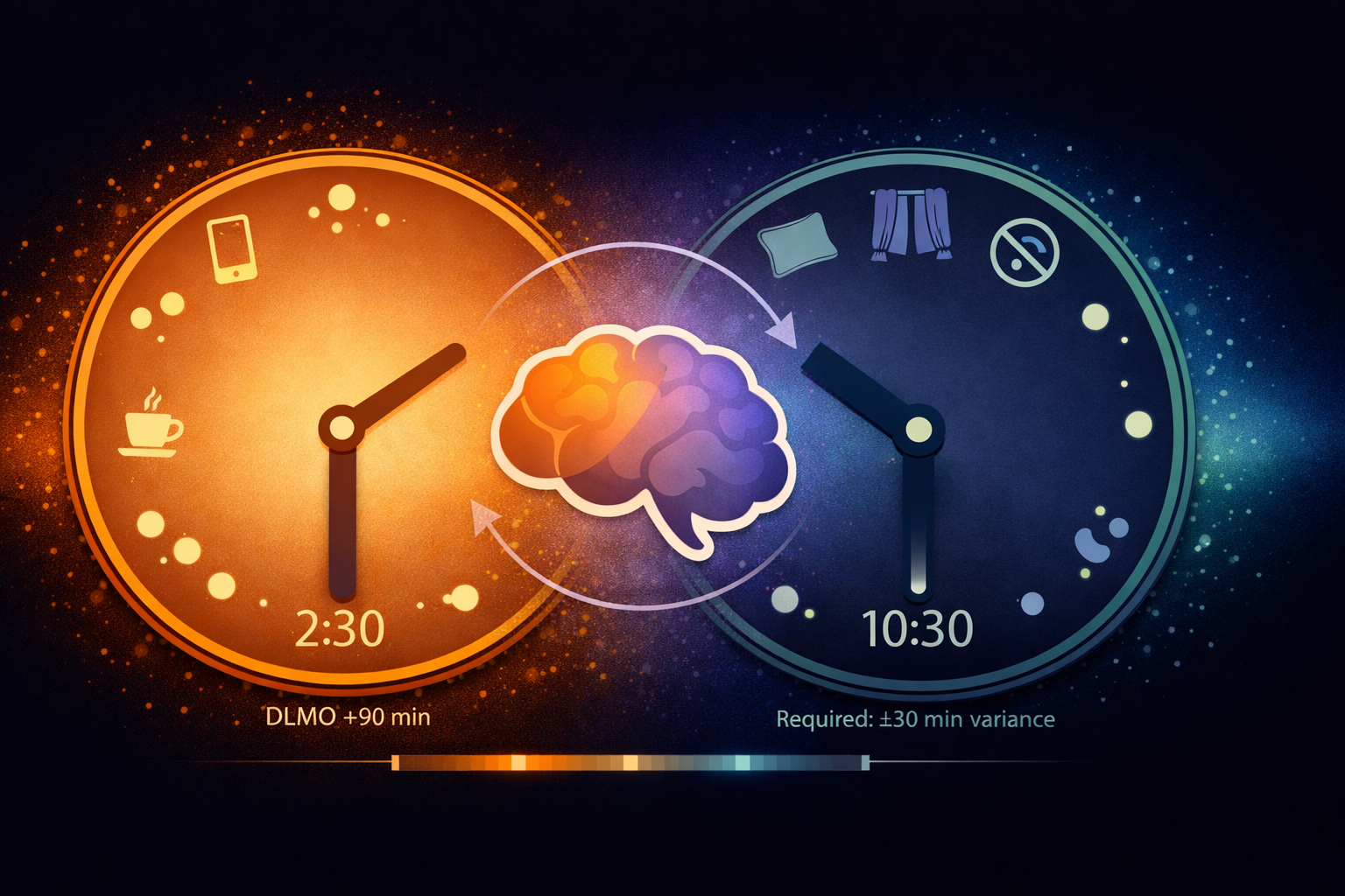 Illustration of two clock faces — one warm-toned showing 2:30 AM representing ADHD delayed circadian rhythm, one cool-toned showing 10:30 PM representing migraine's demand for regularity — overlapping at center with a simplified brain caught between two incompatible sleep schedules