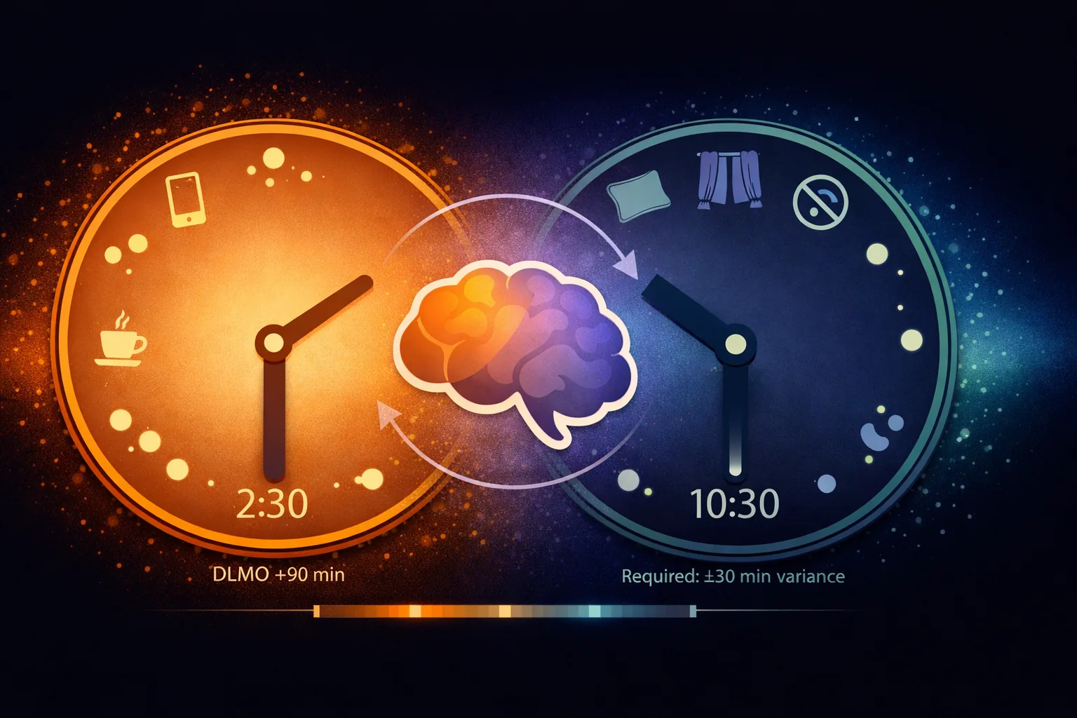 Illustration of two clock faces — one warm-toned showing 2:30 AM representing ADHD delayed circadian rhythm, one cool-toned showing 10:30 PM representing migraine's demand for regularity — overlapping at center with a simplified brain caught between two incompatible sleep schedules
