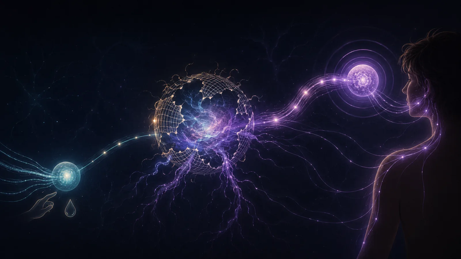Atmospheric illustration of central sensitization in migraine: three glowing neural relay stations — calm teal periphery on the left, a broken-mesh filter at center where signals transform from teal to lavender, and an amplified lavender node touching the silhouette of a human head on the right.