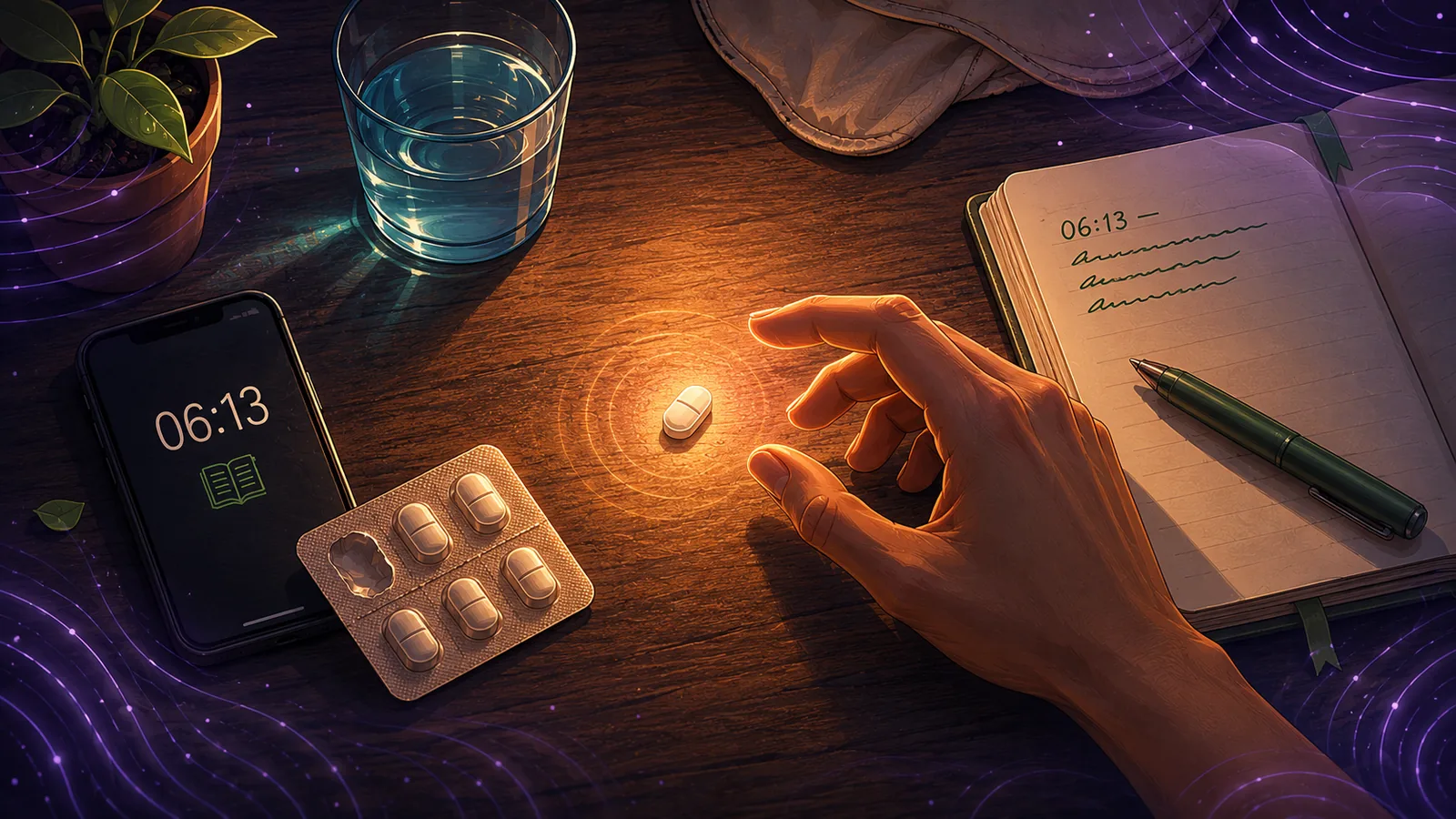 Overhead view of a bedside table at dawn: a hand reaches toward a single pill surrounded by warm amber light. A glass of water, a blister pack with one empty bubble, a phone showing 06:13, an open diary with a green pen, and a small green sprout sit on warm wood. At the edges of the frame, soft lavender ripples have begun to creep inward — central sensitization approaching.