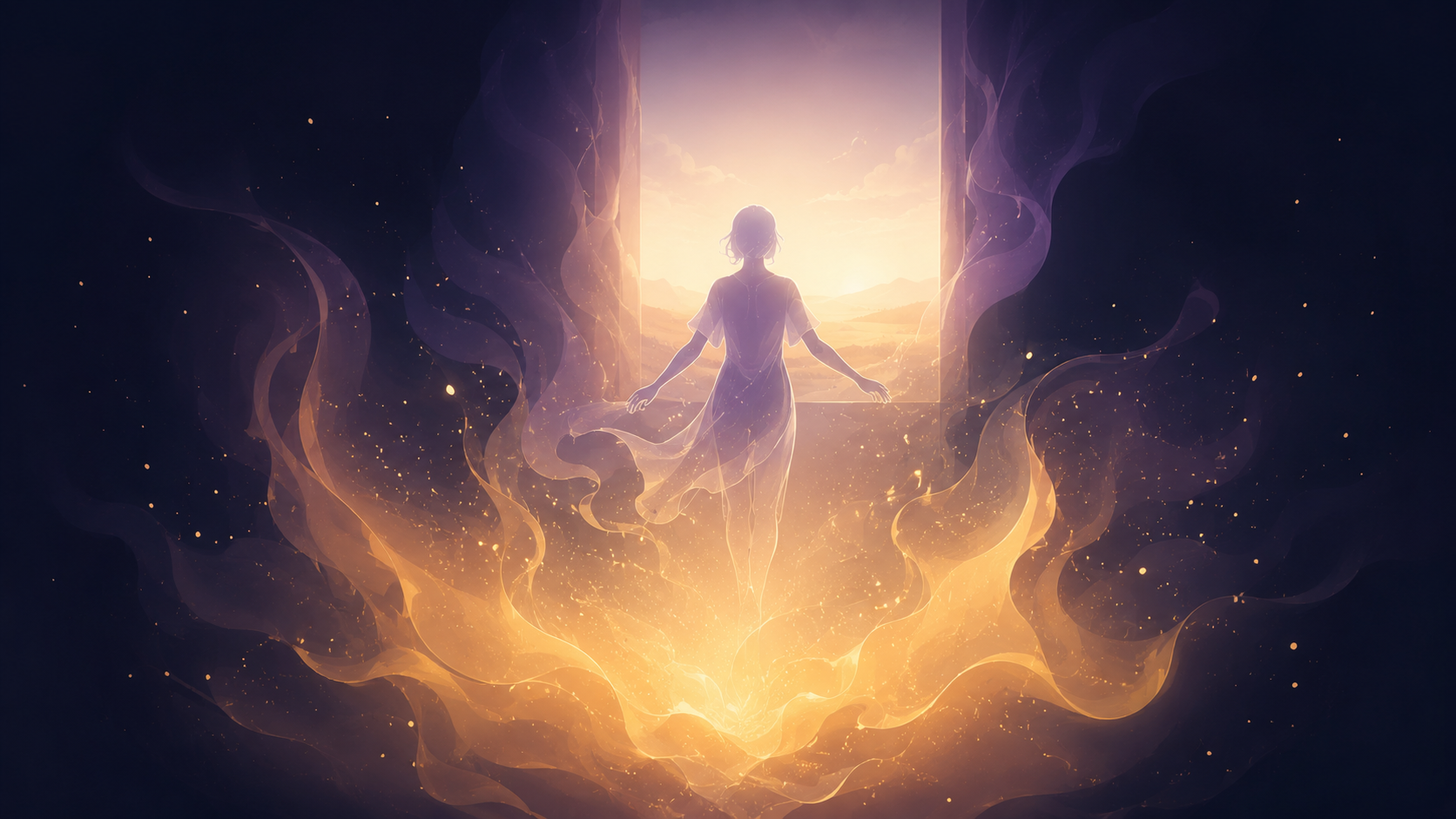 A warm amber bloom of contained heat rising in the lower centre of a dark scene, sparks drifting upward and dissolving; seen through and behind the heat, a translucent lavender human figure walks freely with arms open toward a soft rectangle of warm dawn light — a visual metaphor that behind rage sits the treasured thing you love, the absent but implicit