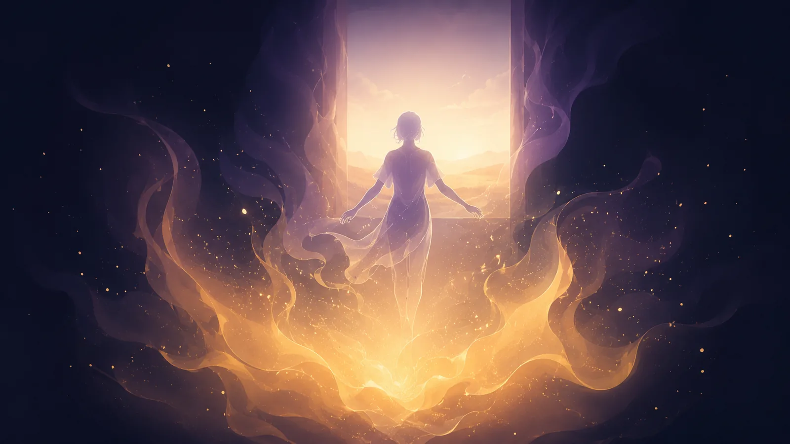 A warm amber bloom of contained heat rising in the lower centre of a dark scene, sparks drifting upward and dissolving; seen through and behind the heat, a translucent lavender human figure walks freely with arms open toward a soft rectangle of warm dawn light — a visual metaphor that behind rage sits the treasured thing you love, the absent but implicit