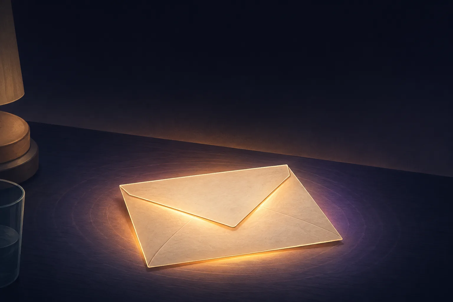 A single sealed cream envelope resting on a dark nightstand at night, glowing warmly from within its seams with amber-gold light — the visual metaphor of anger as a letter waiting to be opened — with the soft base of a bedside lamp half-visible at the left edge and a faint lavender halo spreading onto the dark surface