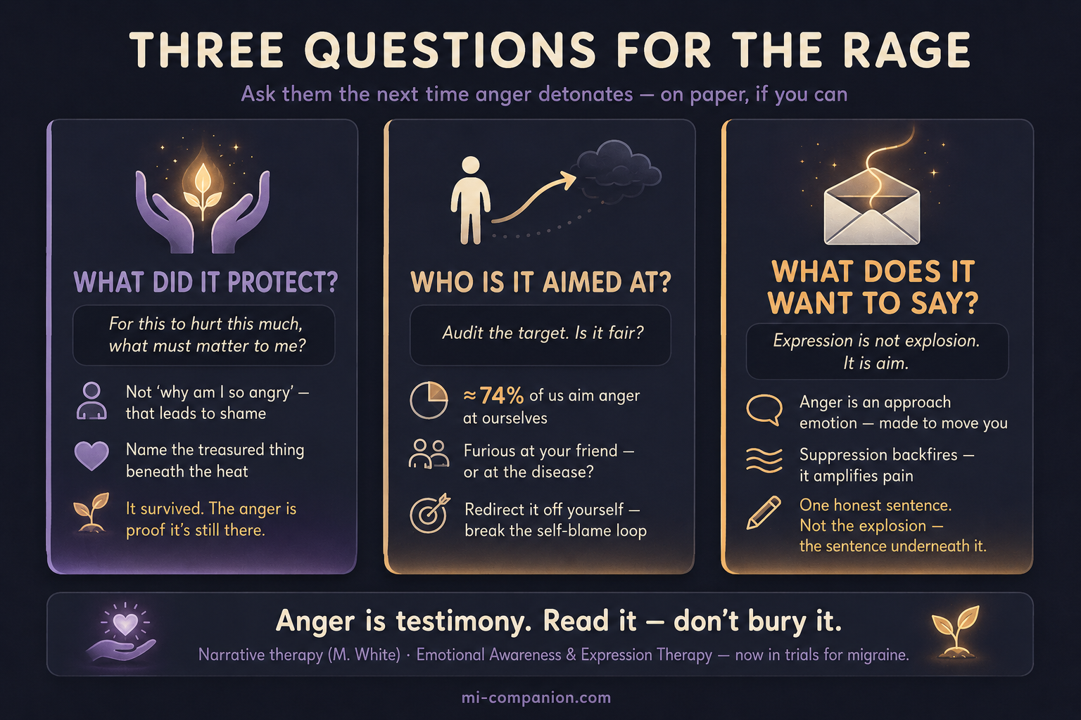 Three vertical practice cards on a dark background under the heading Three Questions For The Rage — card one What Did It Protect with cupped hands sheltering a warm seed, card two Who Is It Aimed At with an arrow curving away from a small figure toward a storm cloud, card three What Does It Want To Say with an open envelope releasing a line of light — a worksheet a reader can photograph and keep