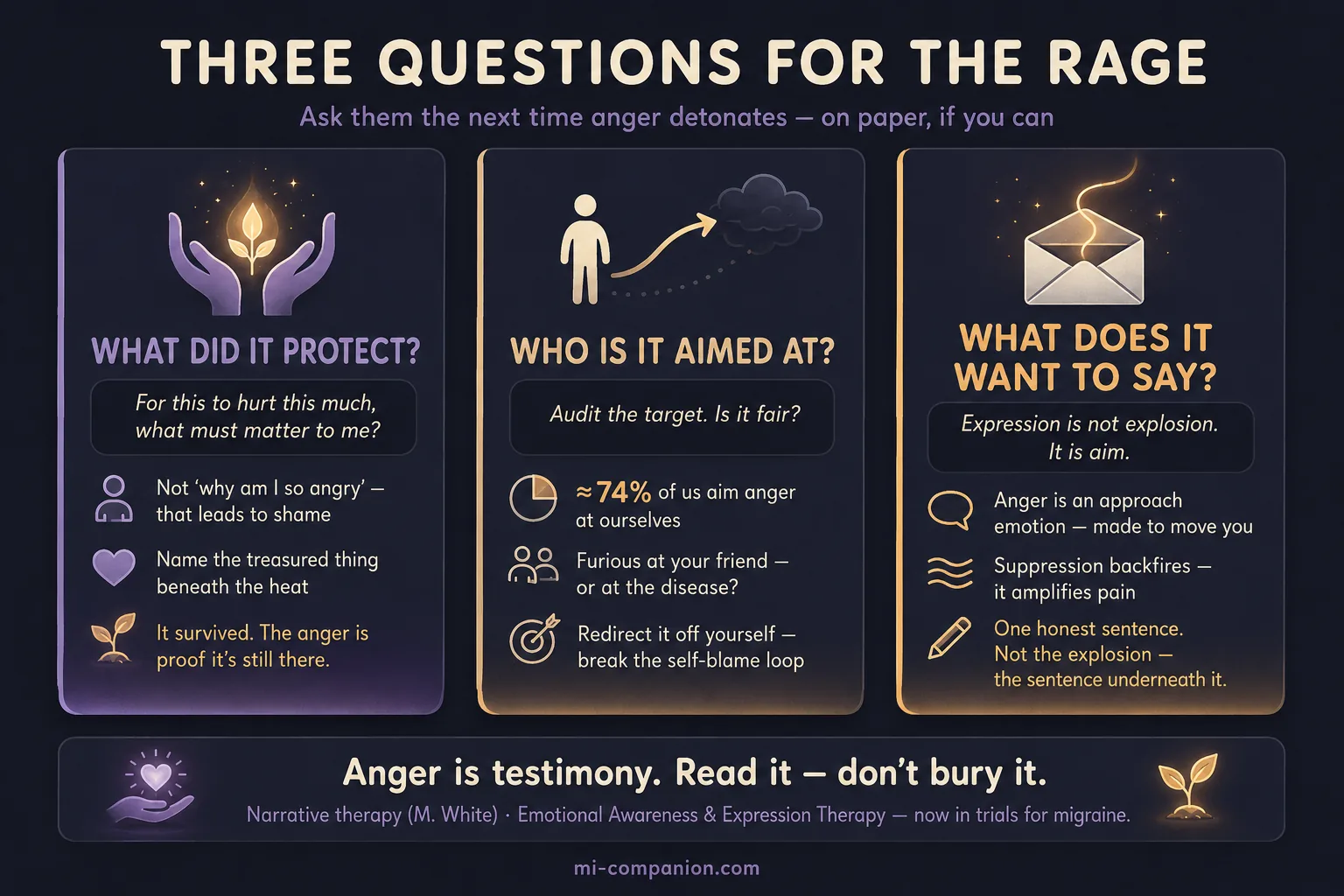 Three vertical practice cards on a dark background under the heading Three Questions For The Rage — card one What Did It Protect with cupped hands sheltering a warm seed, card two Who Is It Aimed At with an arrow curving away from a small figure toward a storm cloud, card three What Does It Want To Say with an open envelope releasing a line of light — a worksheet a reader can photograph and keep