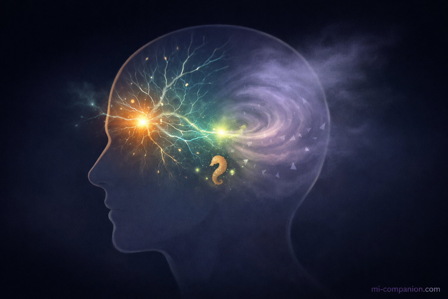 Atmospheric illustration of a translucent human head in profile revealing two converging neural weather systems &mdash; teal pain pathways and lavender anxiety ripples meeting in a green convergence zone