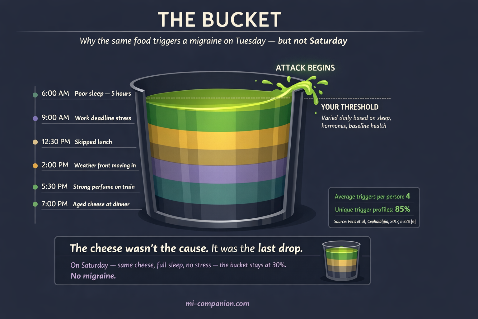 The Bucket — infographic showing how multiple triggers stack throughout a single day until the migraine threshold is exceeded. Poor sleep, stress, skipped lunch, weather, perfume, and aged cheese at dinner — the cheese was the last drop