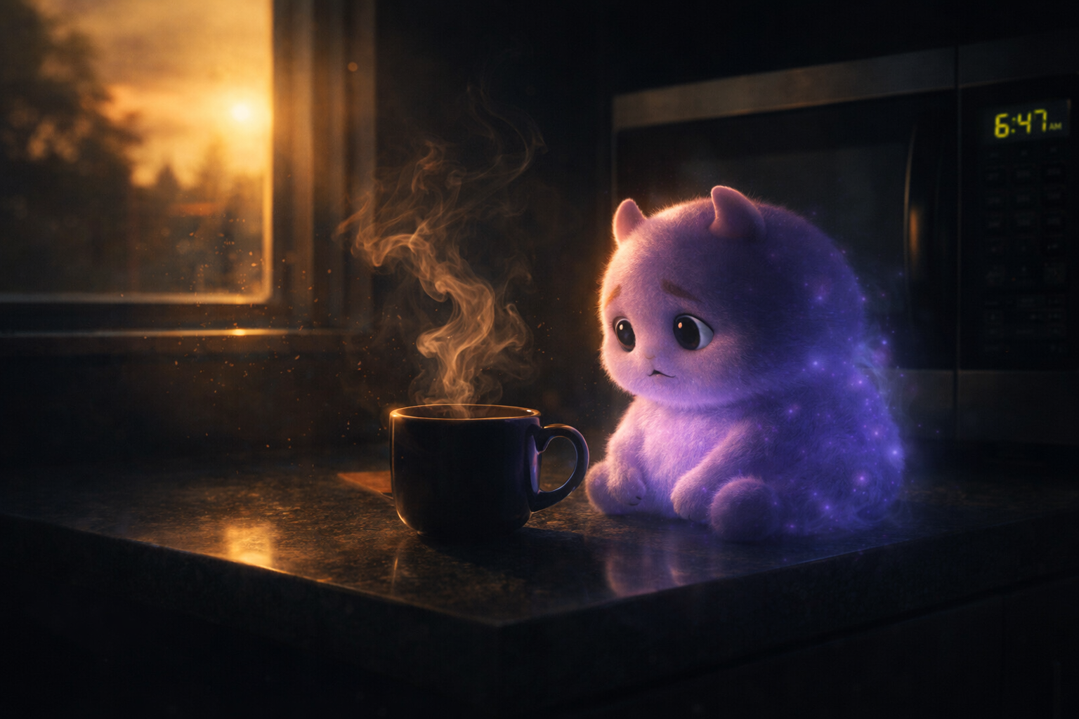 Mi contemplating a coffee cup at dawn