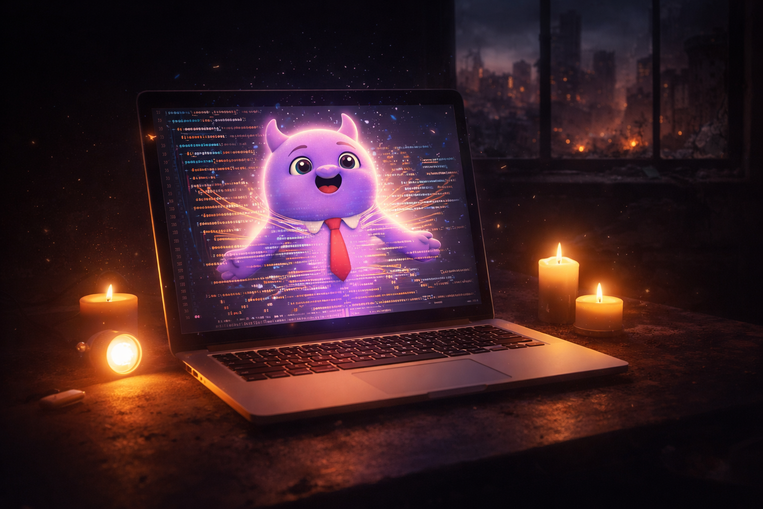 Laptop with code and candles during wartime development