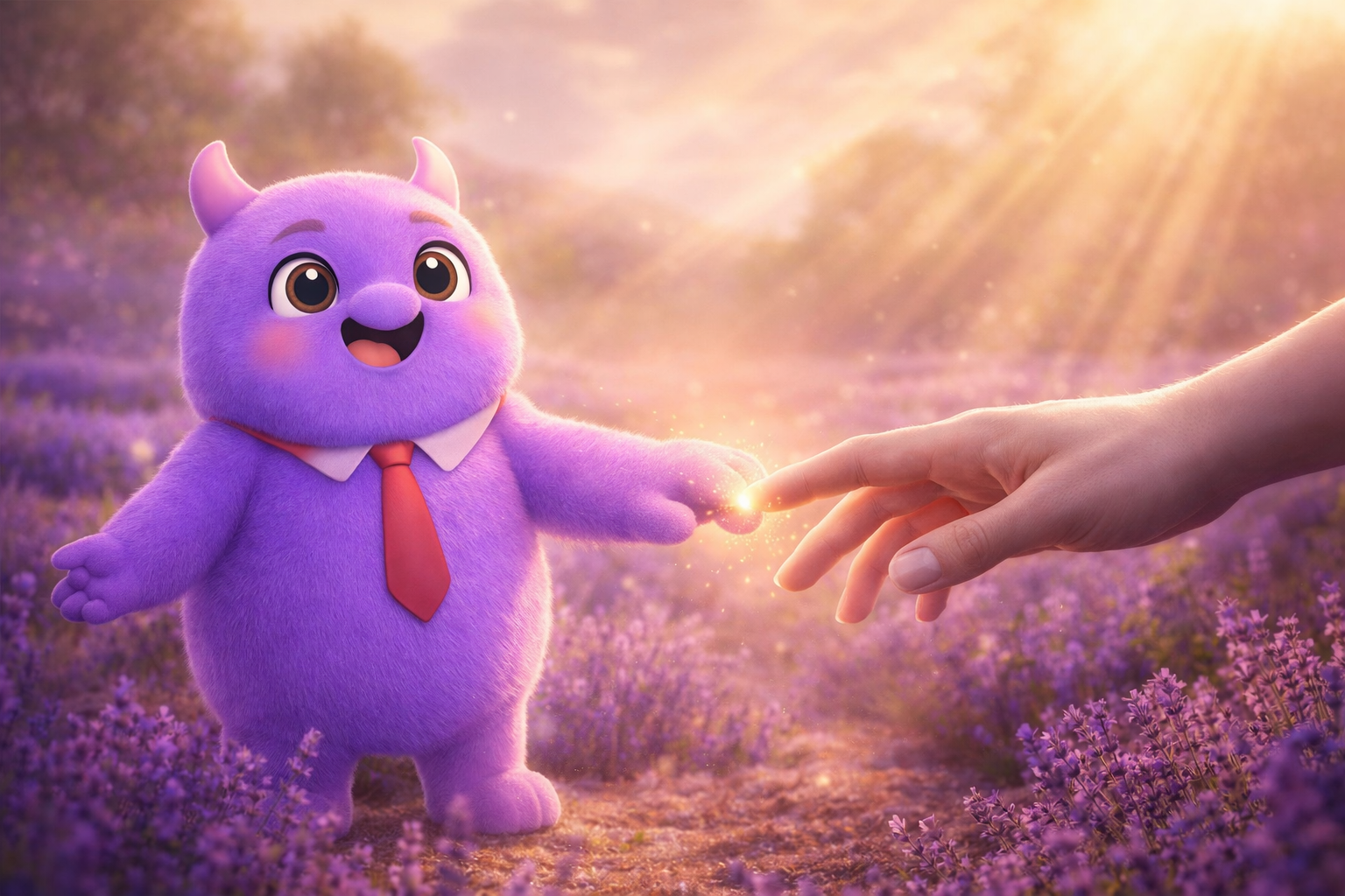 Mi and human hand touching in lavender field