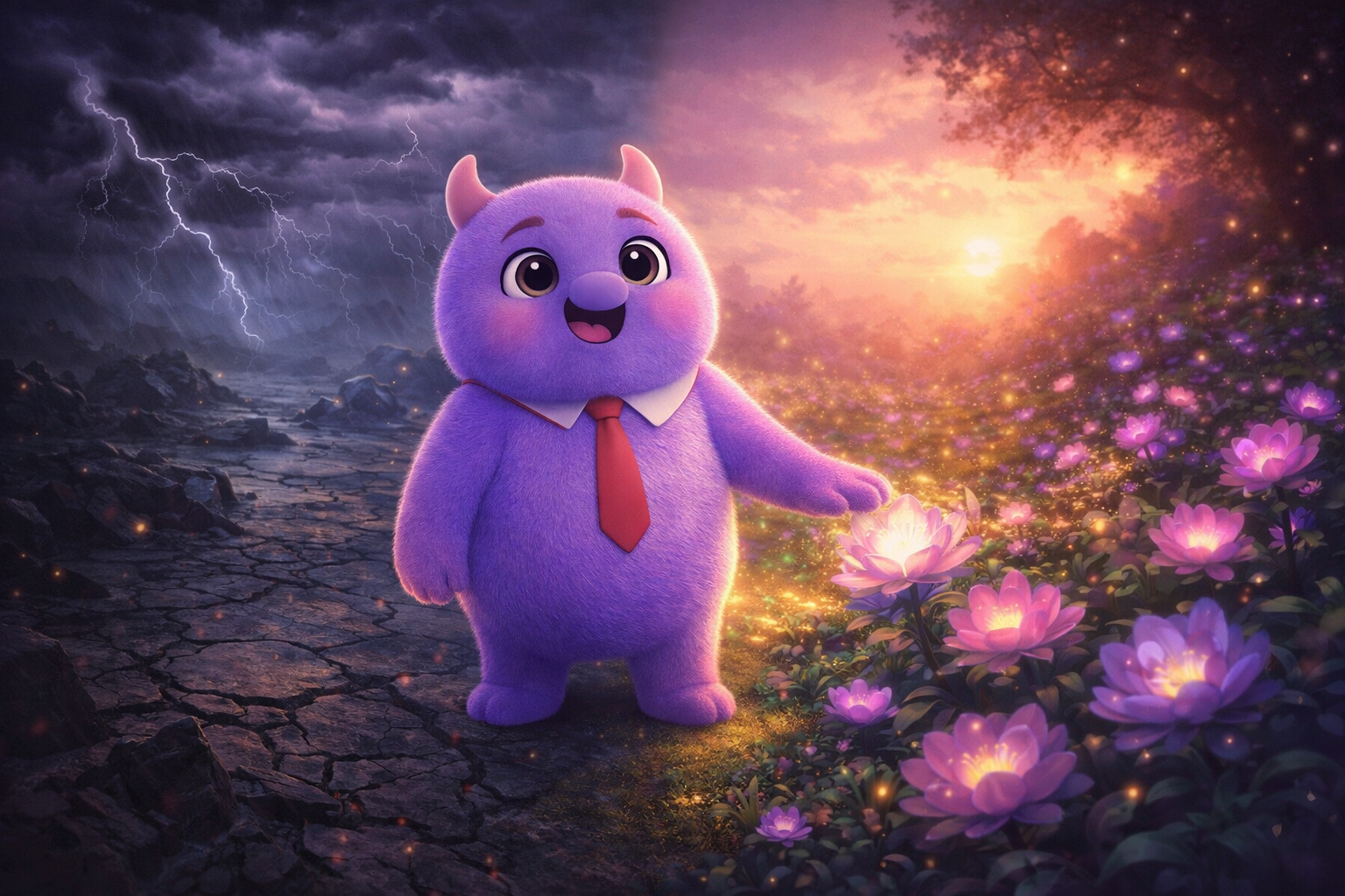 Mi standing between storm and healing garden