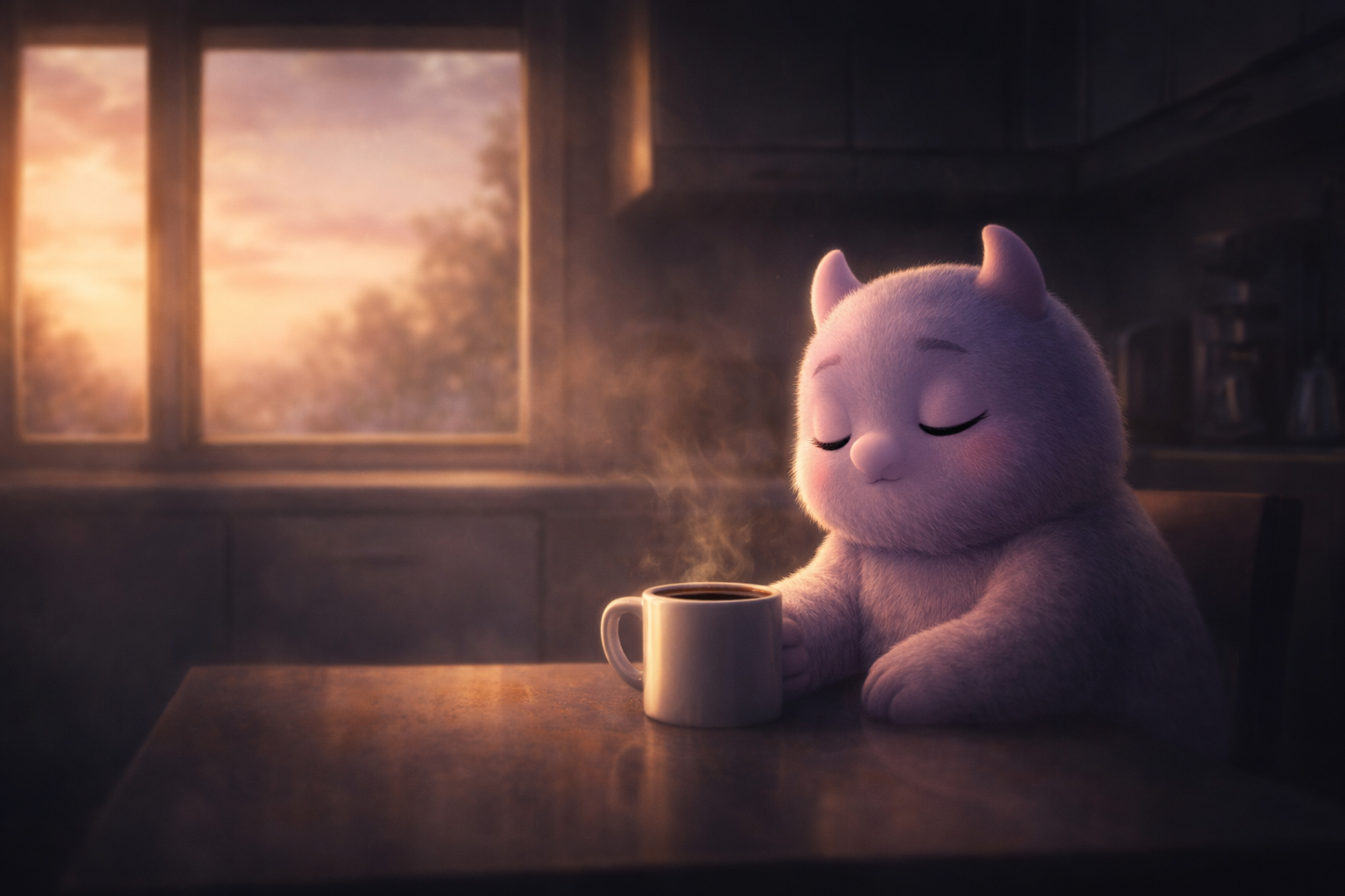 Mi sitting exhausted in a dim kitchen, staring at a coffee cup