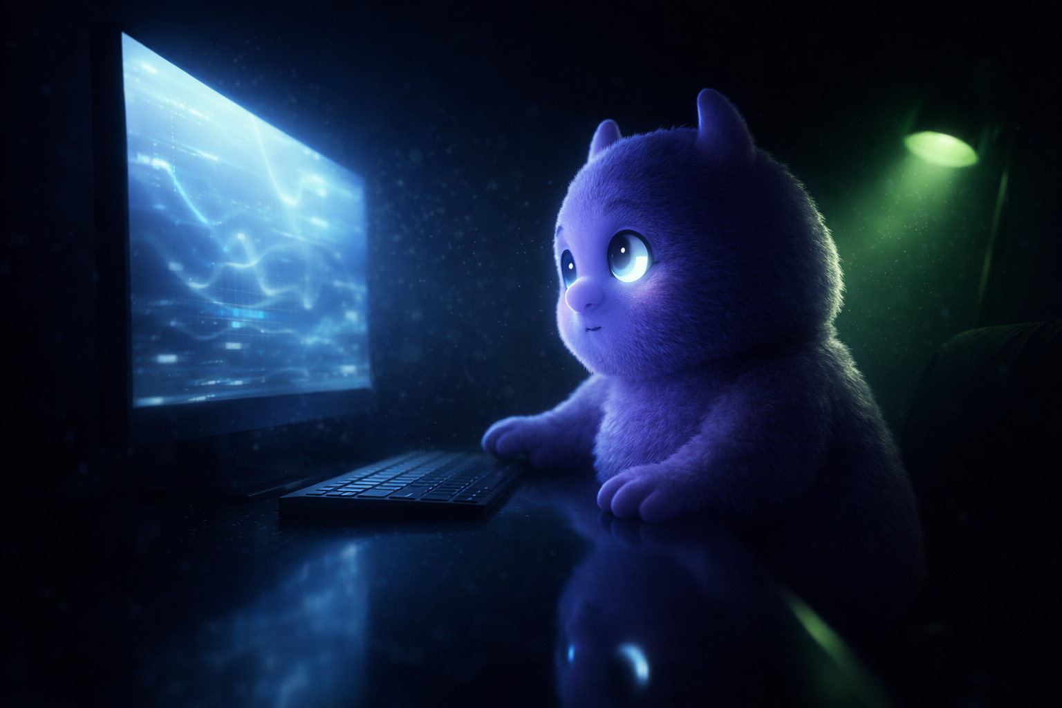 A glowing monitor casting light on a person's face in a dark room, visualizing the invisible light-pain pathway