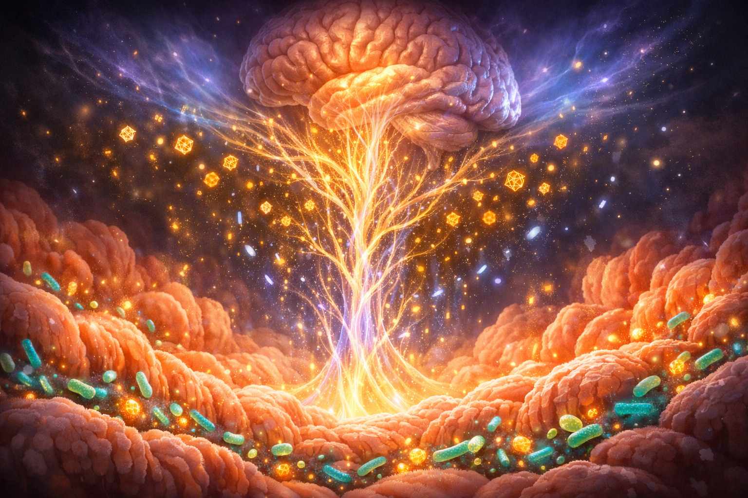 Artistic visualization of the gut-brain connection with luminous neural pathways