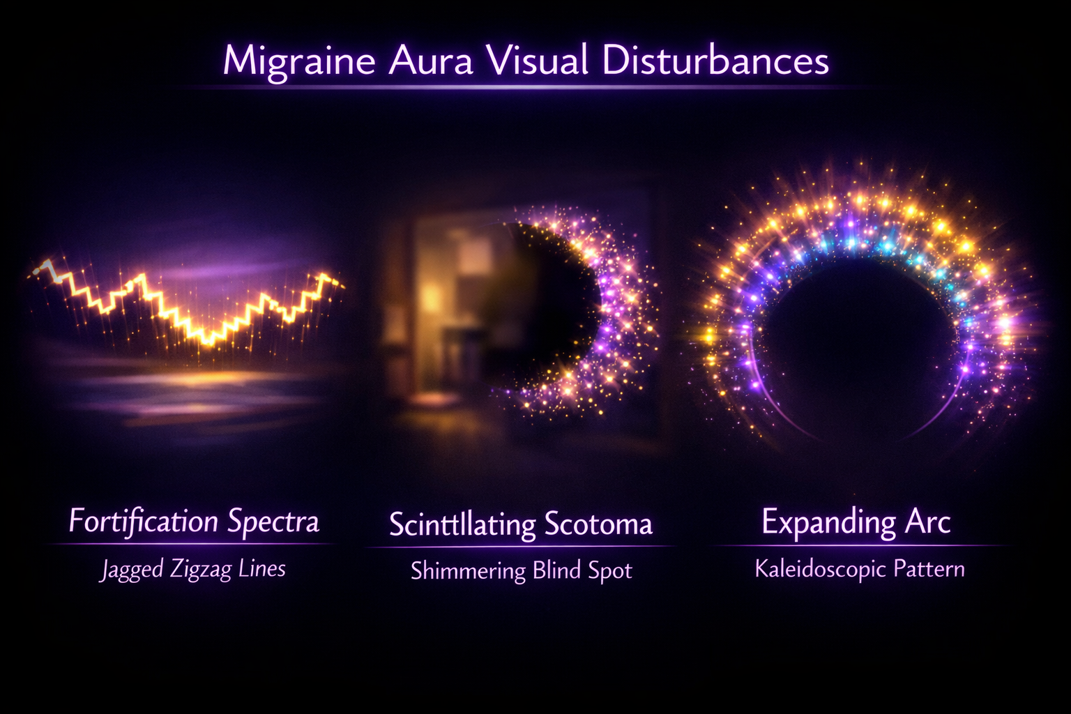 Three types of migraine aura visual disturbances: Fortification Spectra (jagged zigzag lines), Scintillating Scotoma (shimmering C-shaped blind spot), and Expanding Arc (kaleidoscopic pattern)