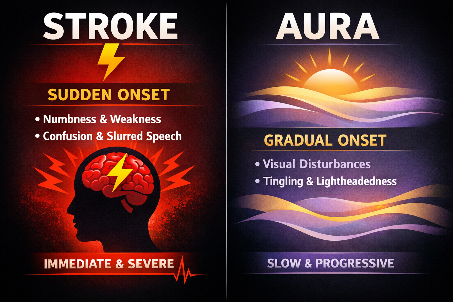 Comparison infographic: Stroke symptoms appear suddenly like a lightning strike, while Aura symptoms build gradually like a sunrise