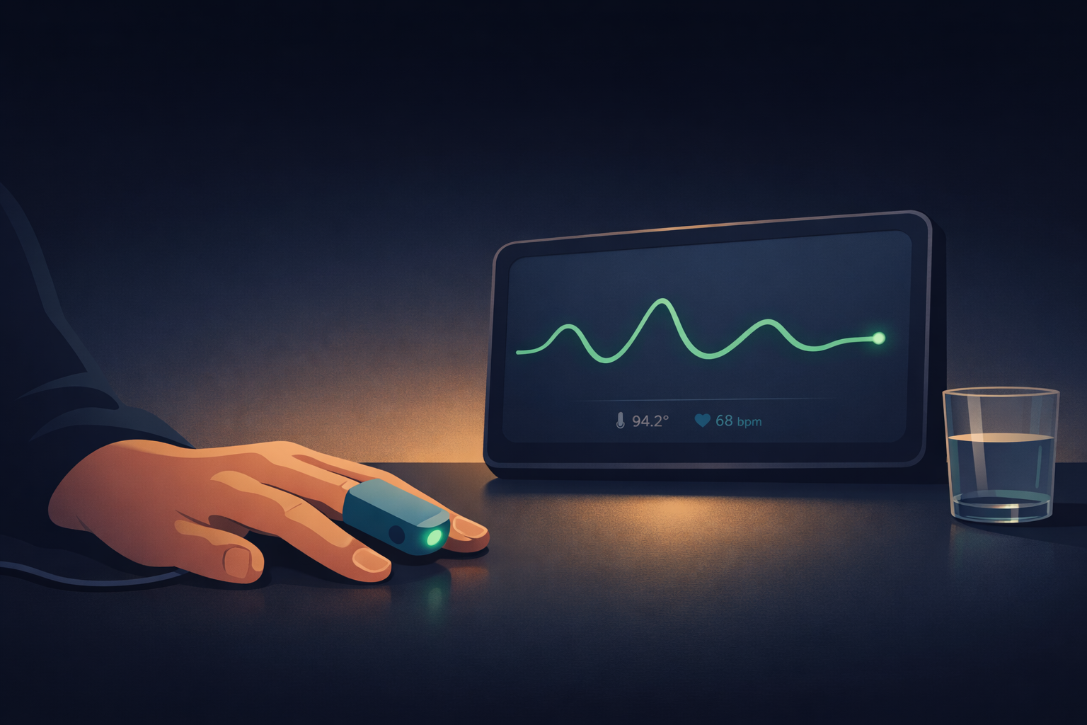 Atmospheric illustration of a hand with a biofeedback sensor on the fingertip, resting on a dark surface in front of a softly glowing screen showing a calm waveform &mdash; the quiet moment of learning to control your body's invisible responses