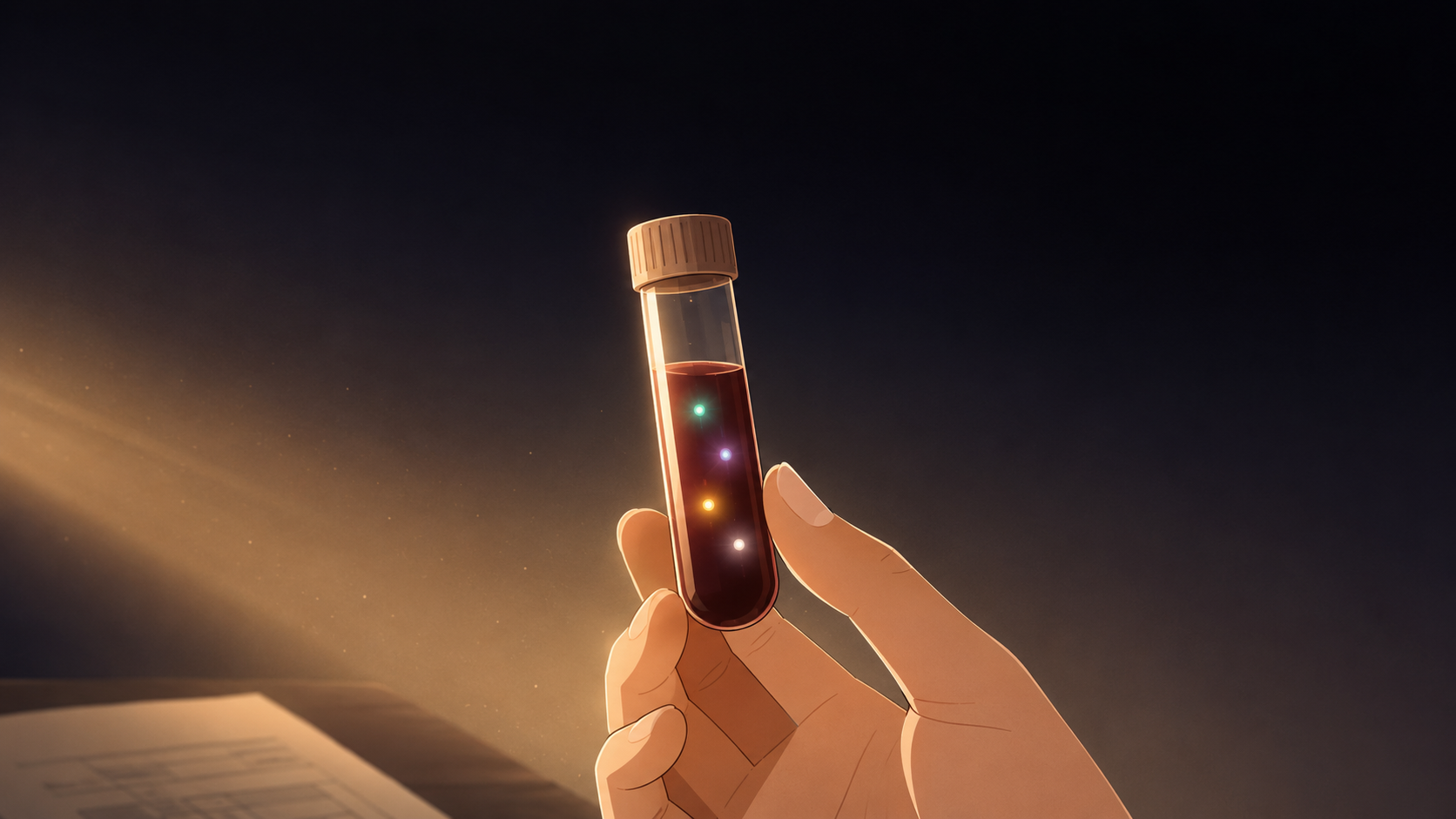 Warm atmospheric illustration of a hand holding a blood collection vial up toward soft morning light, with five tiny glowing colored points suspended inside the blood — representing five hidden nutrient deficiencies a 'normal' result misses
