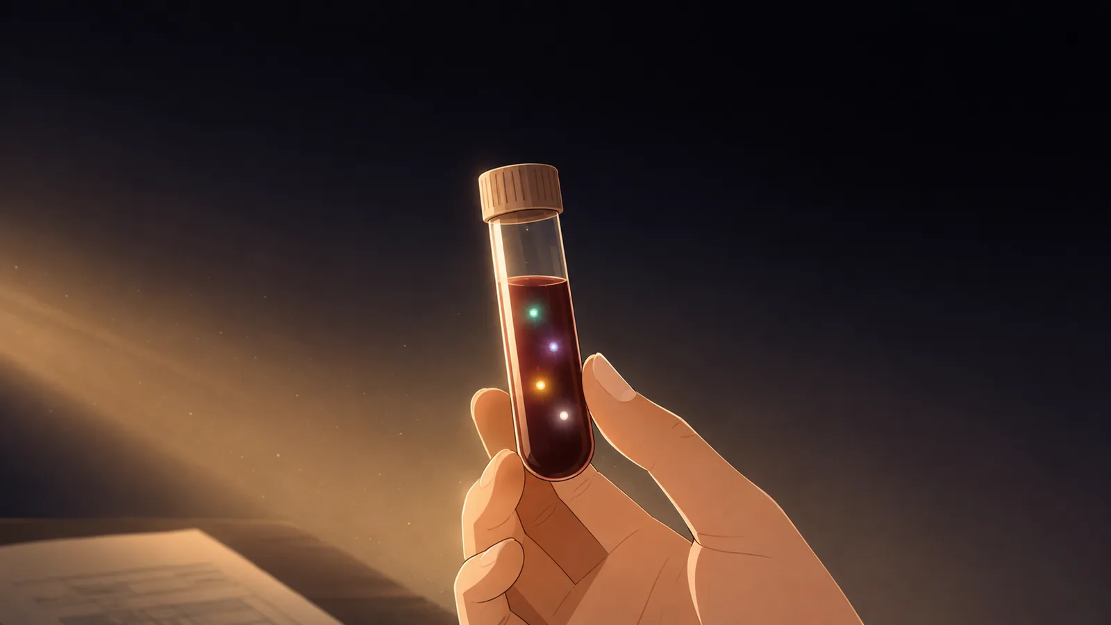 Warm atmospheric illustration of a hand holding a blood collection vial up toward soft morning light, with five tiny glowing colored points suspended inside the blood — representing five hidden nutrient deficiencies a 'normal' result misses