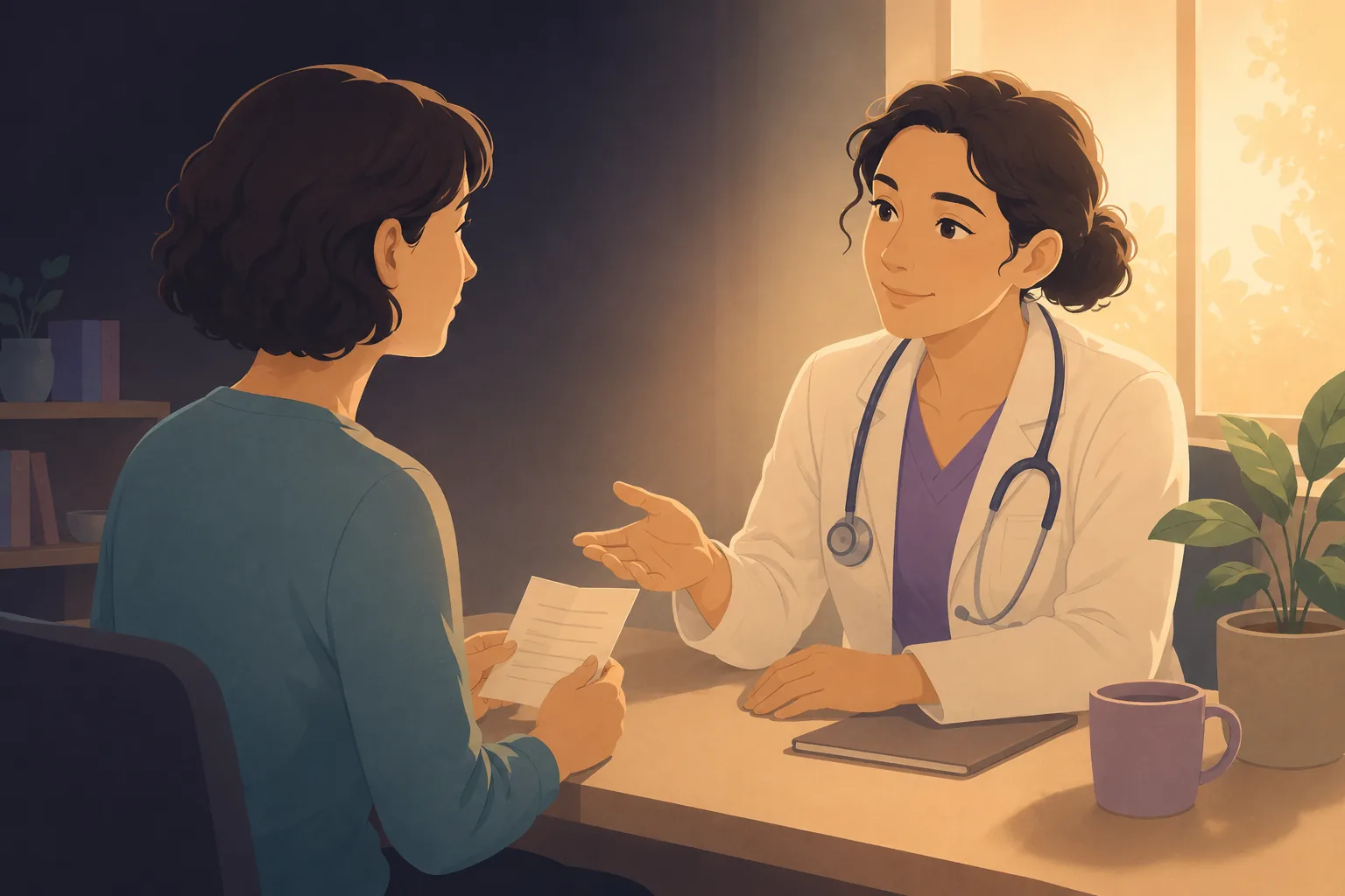 Warm illustration of a calm, prepared patient holding a short written list of tests while their doctor leans in and listens — the partnership of informed self-advocacy in a softly lit consultation room