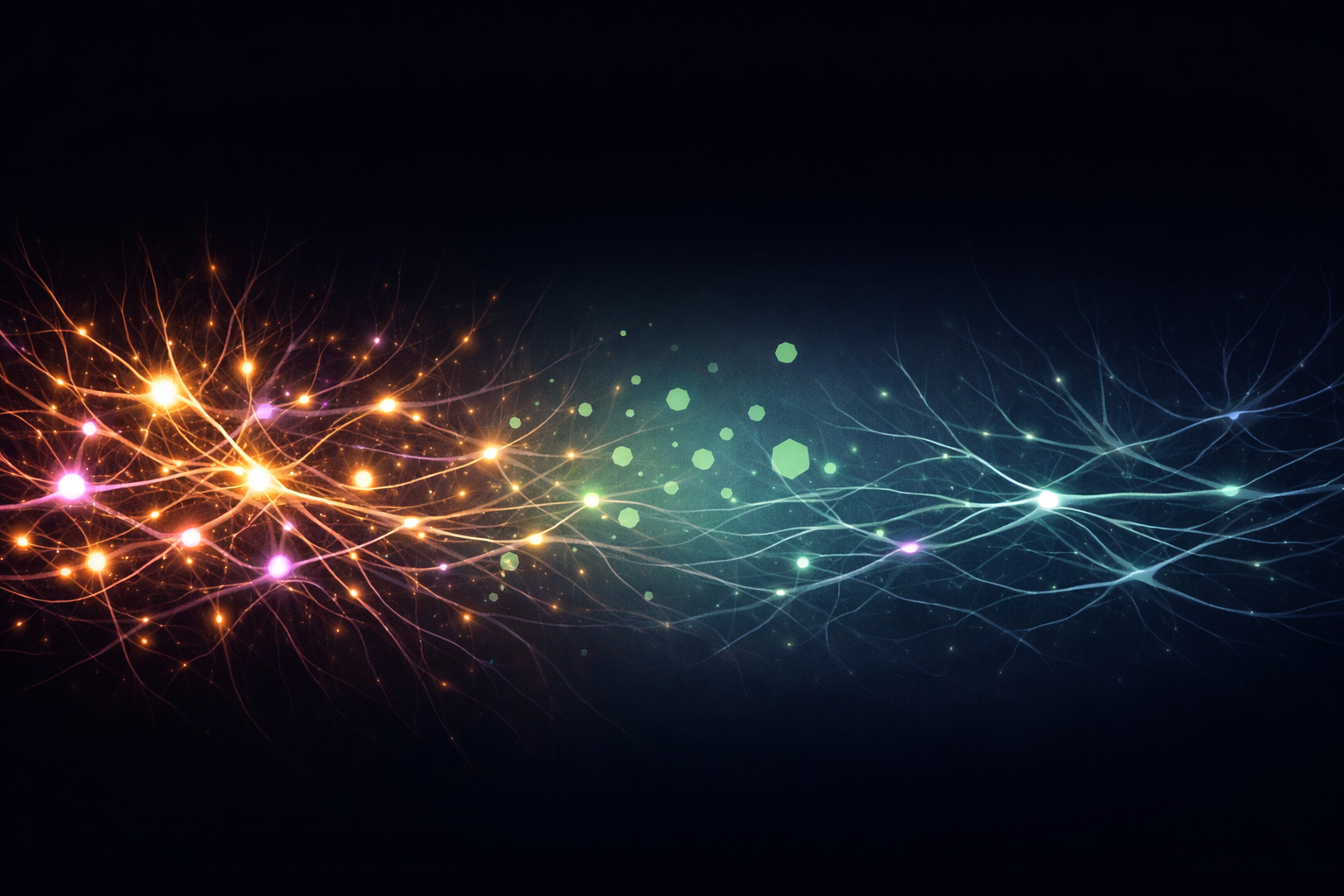 Abstract bioluminescent nerve fiber network transitioning from chaotic amber overactivity on the left to calm teal silence on the right, with green hexagonal Botox molecules drifting through the center