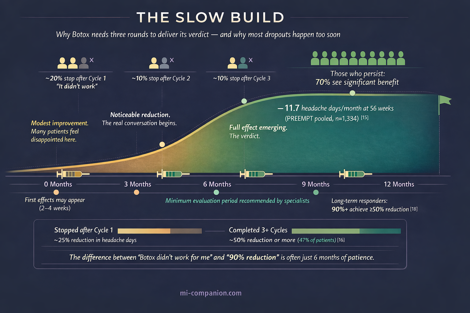 The Slow Build — timeline visualization showing cumulative Botox benefit over 12 months across 4 treatment cycles, with dropout indicators and comparative outcomes for early quitters versus persistent patients
