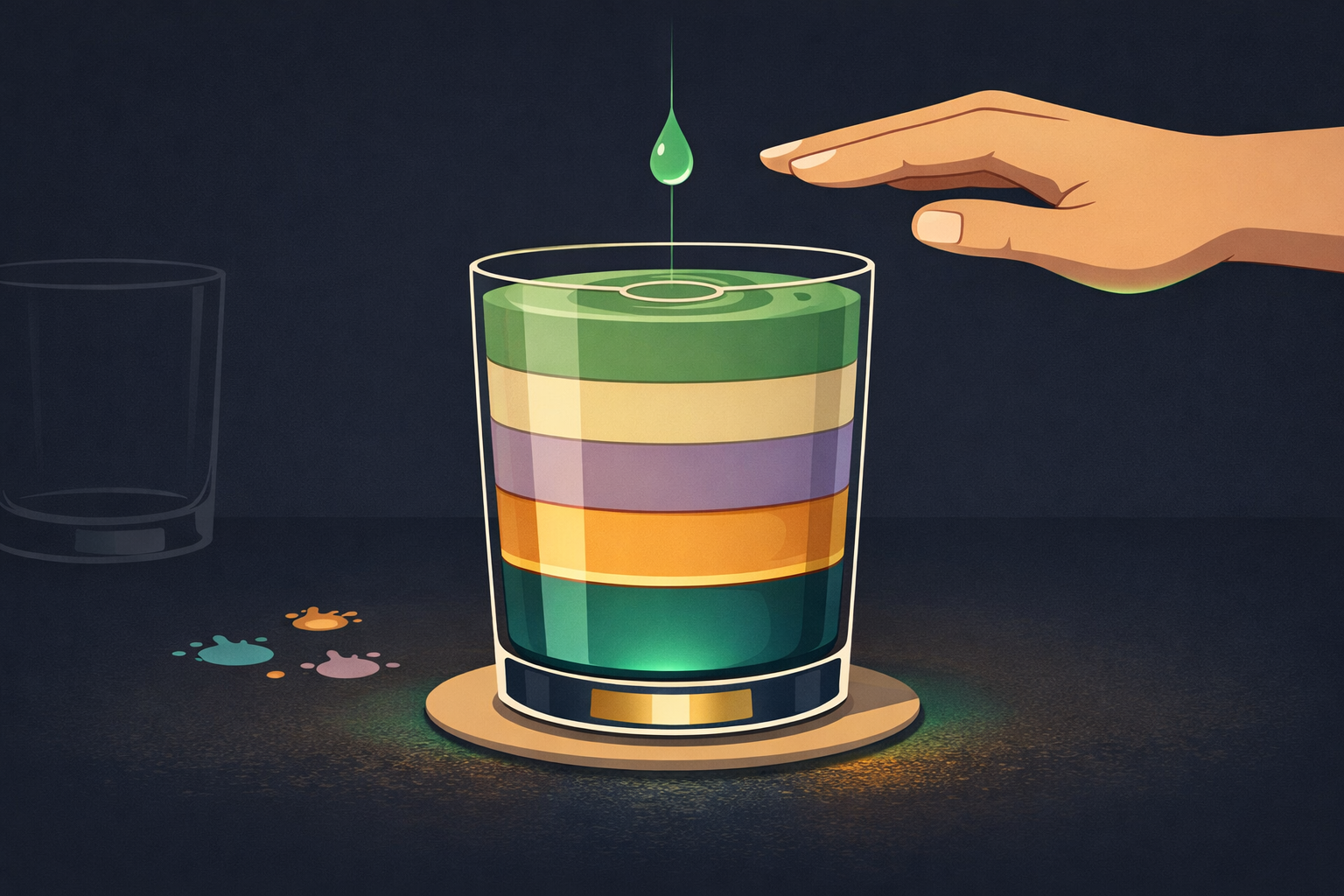 Atmospheric illustration of a glass nearly full with layered translucent colored liquid representing different sources of stress &mdash; a single green drop hovers above while a gentle hand reaches to cover the glass before it overflows, symbolizing allostatic load and the protective power of boundaries