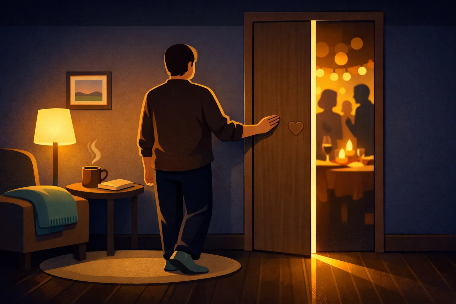 Atmospheric illustration of a person standing in a warm room, one hand gently resting on an almost-closed door &mdash; through the narrow gap, distant party lights and silhouettes are visible, while the room holds a cozy lamp, a book, and a steaming mug, symbolizing the peaceful choice of a boundary set with love