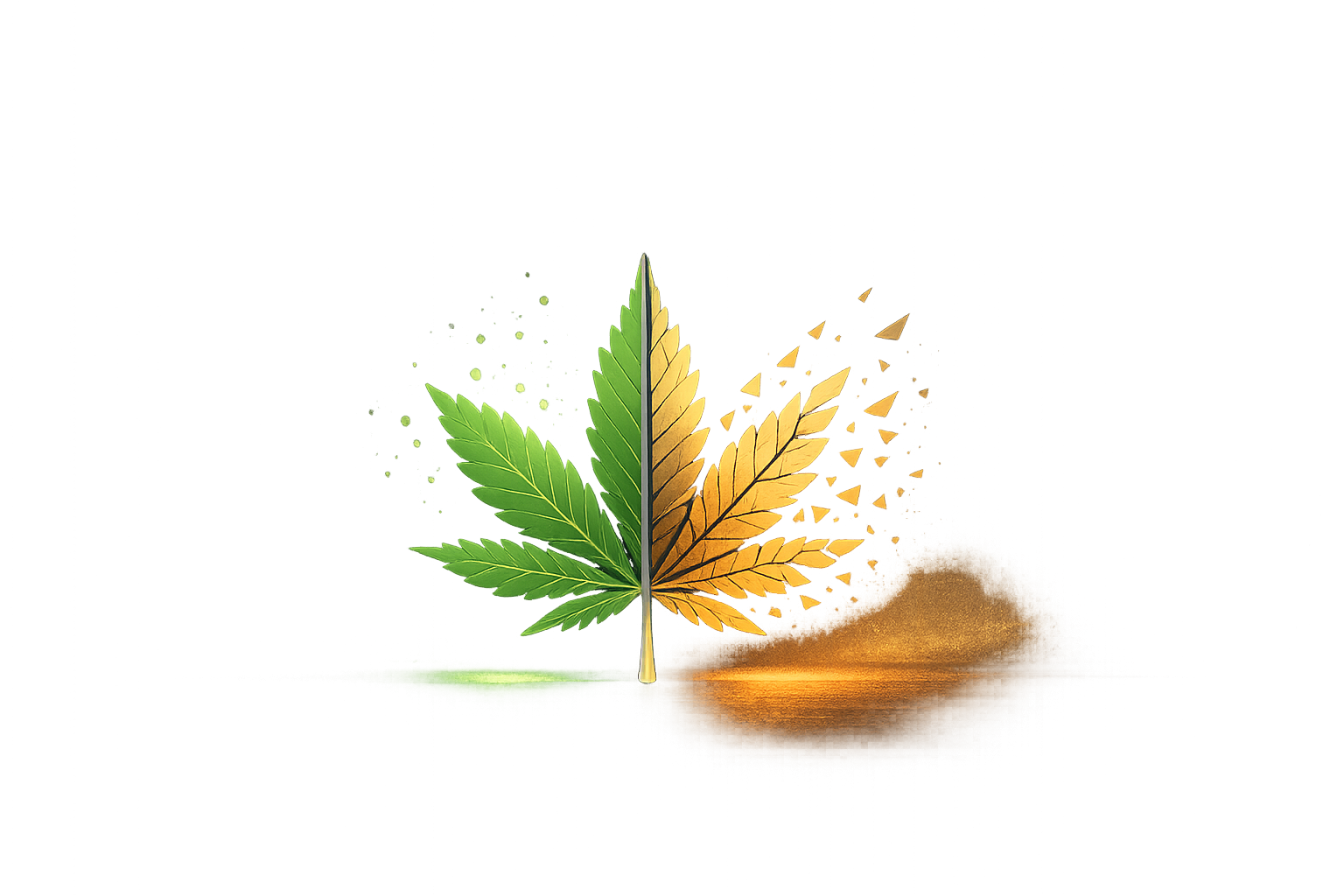 Atmospheric illustration of a stylized cannabis leaf split into two halves — one intact with a soft green healing glow, the other fragmenting into amber shards — representing the duality of cannabis as both migraine relief and potential trigger