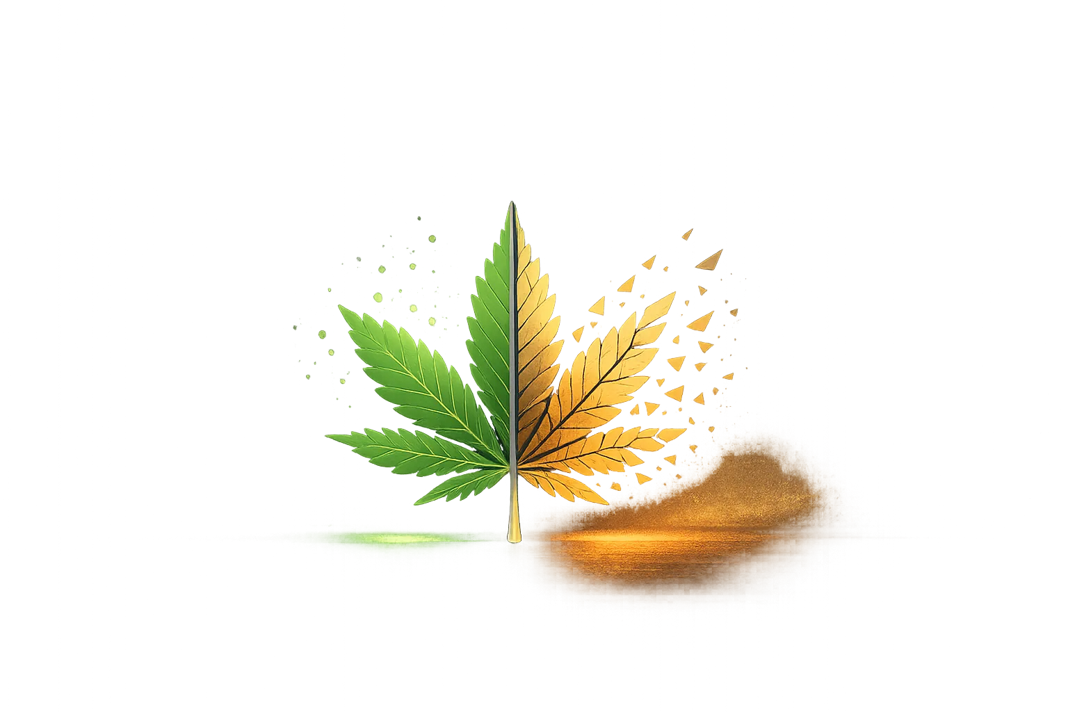 Atmospheric illustration of a stylized cannabis leaf split into two halves — one intact with a soft green healing glow, the other fragmenting into amber shards — representing the duality of cannabis as both migraine relief and potential trigger