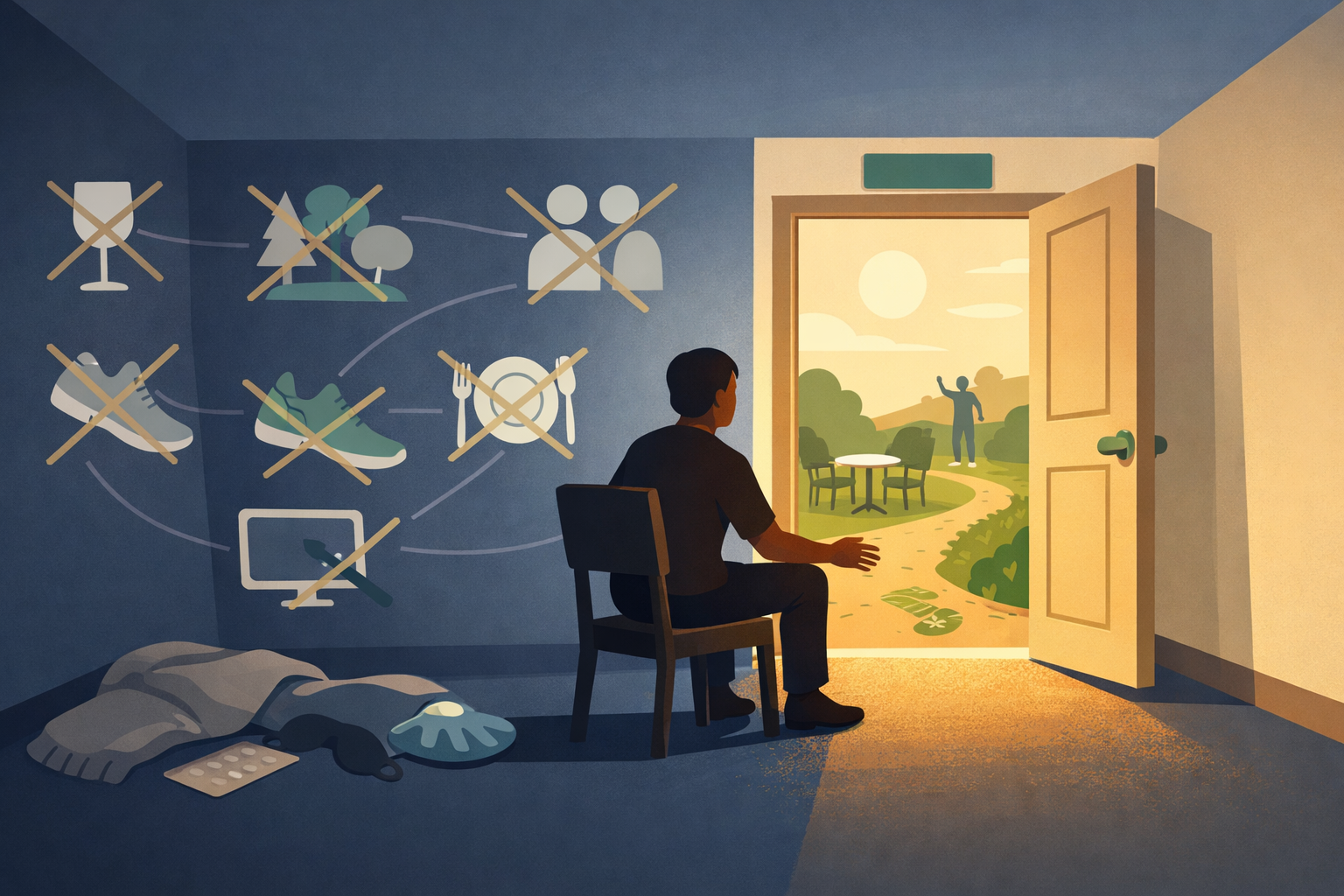 A person sitting in a room with closing walls papered with crossed-out icons of everyday activities &mdash; restaurants, exercise, friends &mdash; while an open door ahead reveals the same activities alive in a wider space, illustrating how avoidance shrinks your world while engagement expands it