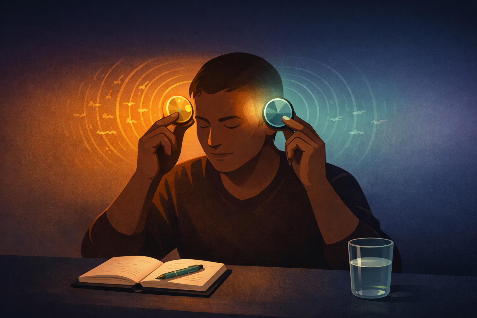 A person sitting calmly with translucent dials at their temples &mdash; one turning down the amplifier of pain catastrophizing, the other turning up the brain&rsquo;s pain regulation &mdash; representing how CBT rewires the migraine brain