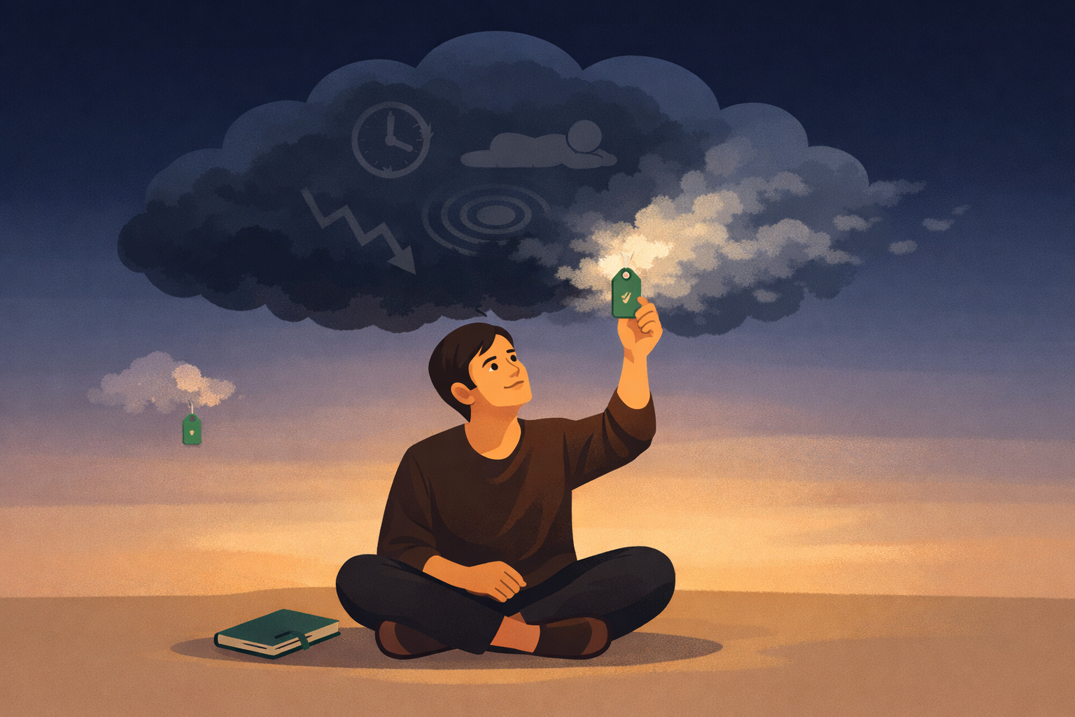 A person sitting calmly, reaching up to attach a small green label to a dark storm-cloud thought bubble hovering above their head &mdash; the cloud is dissolving where the label touches it, with wisps floating away, illustrating the cognitive defusion technique of labeling catastrophizing thoughts