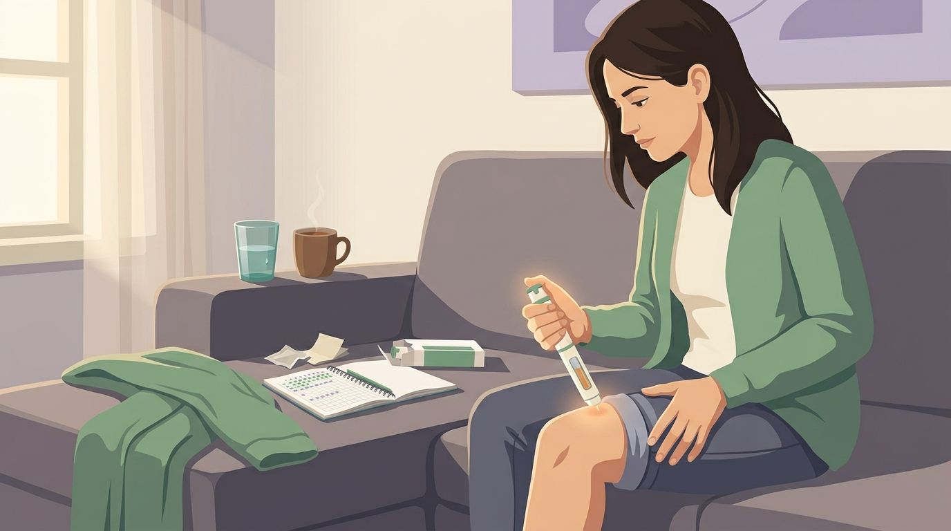 Illustration of a woman in a sage-green cardigan sitting on a couch, pressing an autoinjector pen firmly against the front of her thigh — calm, focused, routine