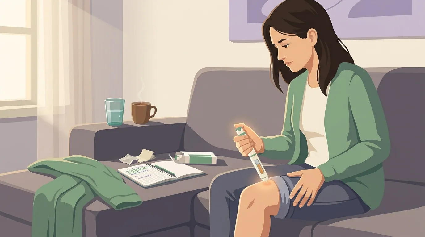 Illustration of a woman in a sage-green cardigan sitting on a couch, pressing an autoinjector pen firmly against the front of her thigh — calm, focused, routine