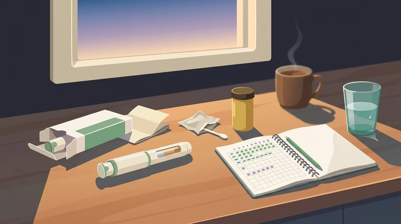 Atmospheric illustration of a kitchen counter at morning light with an autoinjector pen, alcohol swab, sharps container, migraine diary, and a glass of water — the calm objects of a first CGRP injection day