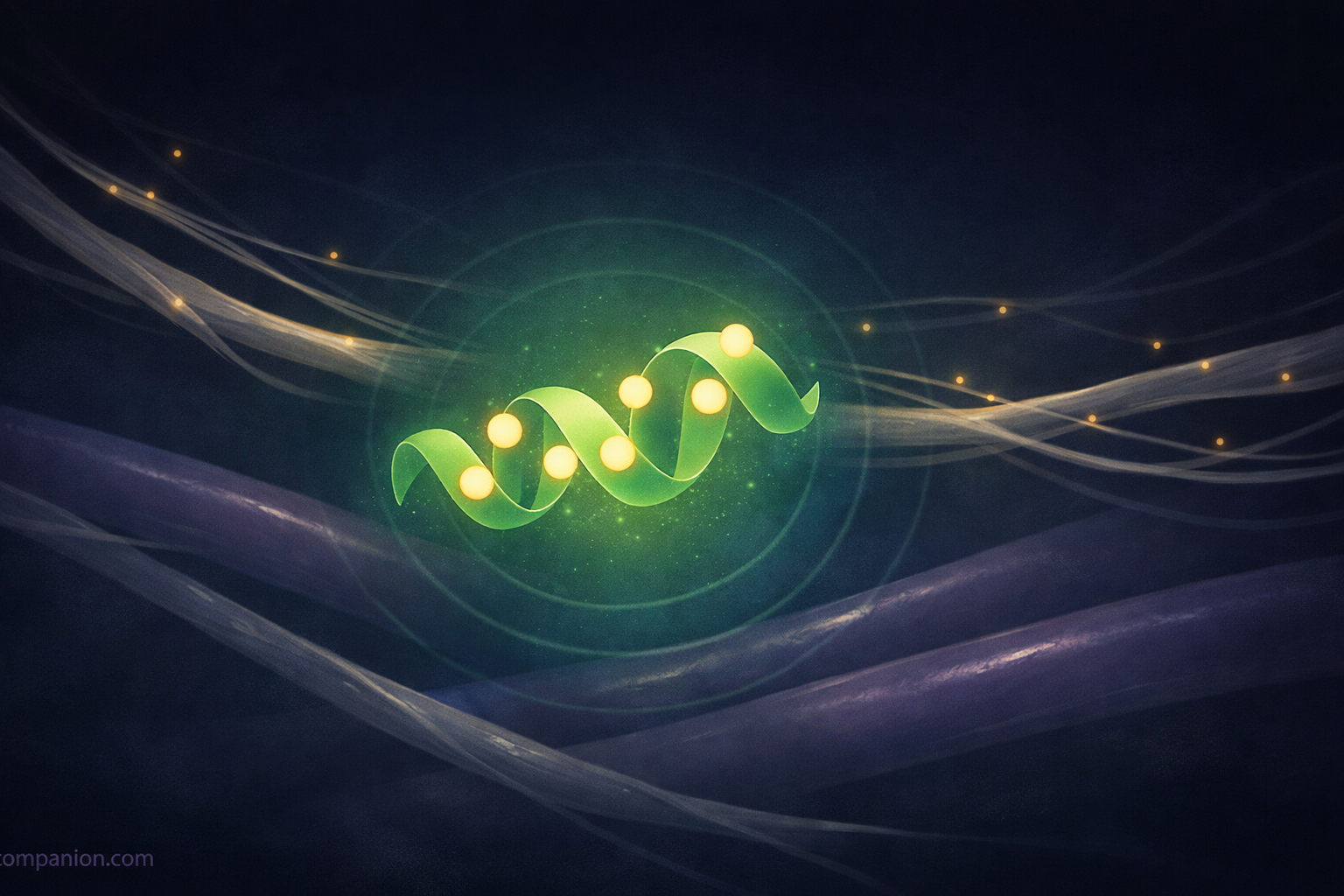 A luminous CGRP peptide molecule glowing green in dark neural space, surrounded by trigeminal nerve fibers and blood vessels — the discovery that changed migraine treatment