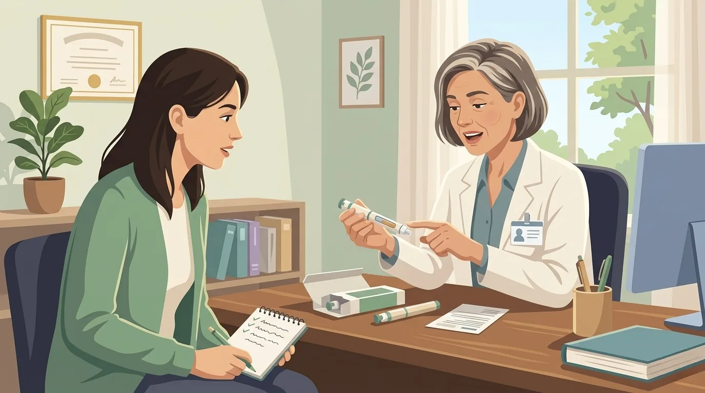 Illustration of a patient and her neurologist seated across a wooden desk, the patient holding a small open notebook with prepared questions, the doctor mid-explanation with a sample autoinjector pen in hand