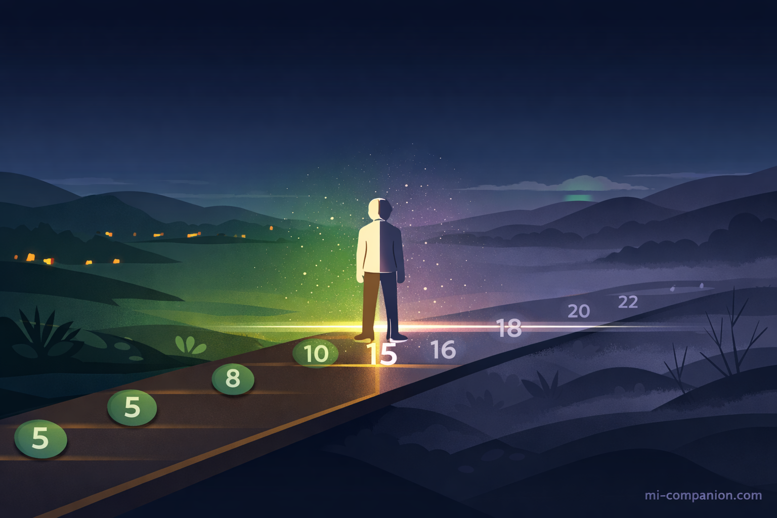 A person standing at the threshold between episodic and chronic migraine — a luminous path with day-count markers, green landscape on the episodic side and lavender fog on the chronic side