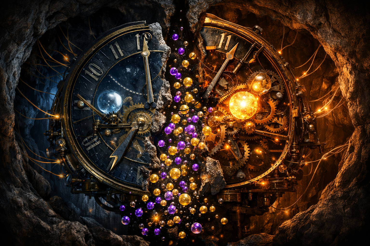 Surrealist digital art of an ancient astronomical clock mechanism cracked in half inside a human skull, with scattered neurotransmitter molecules