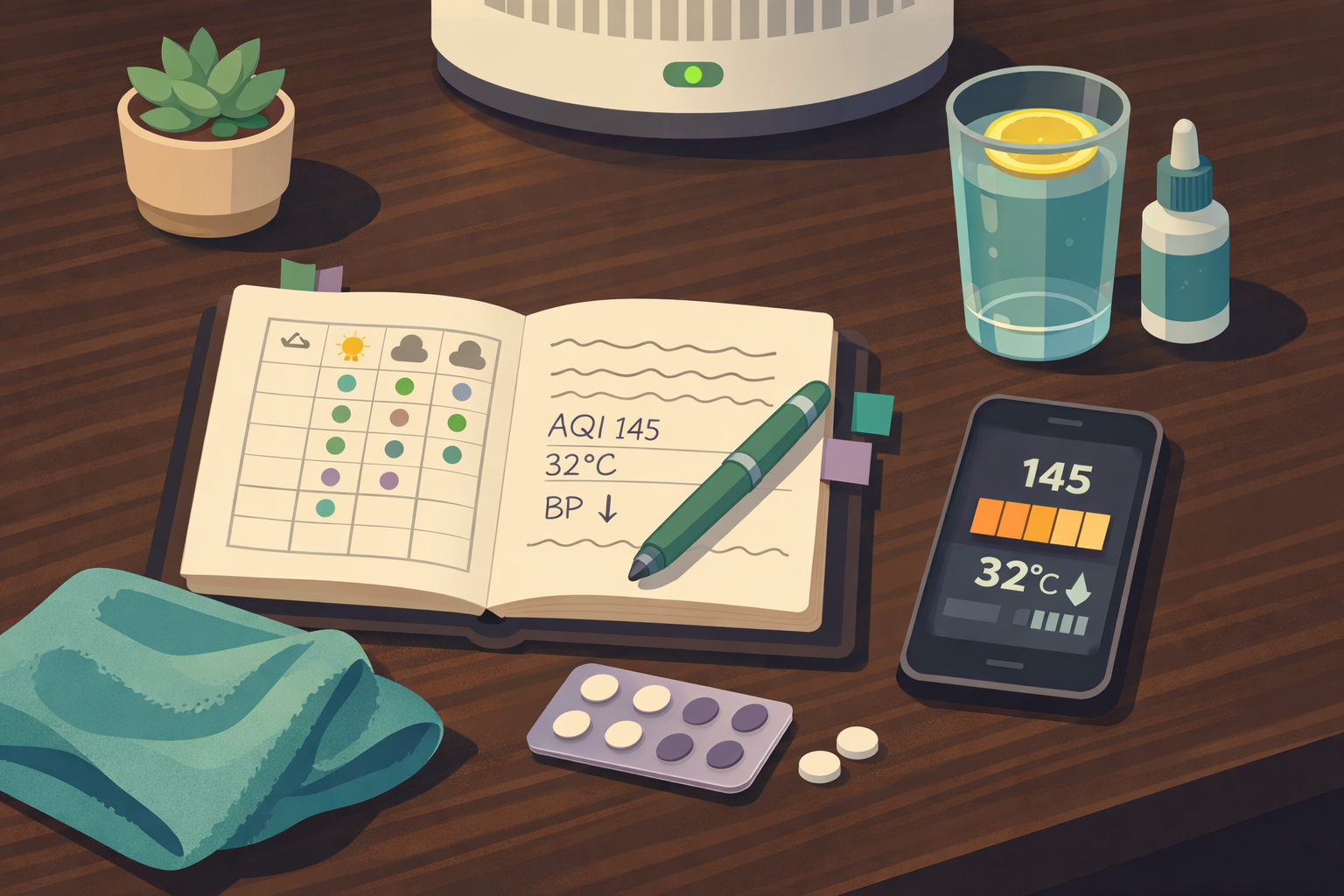 Illustration of a calm preparation scene viewed from above — a desk with an open headache diary tracking weather data, a phone showing AQI 145 and 32°C, a glass of water with lemon, a HEPA air purifier, medication blister pack, cooling towel, and a small plant