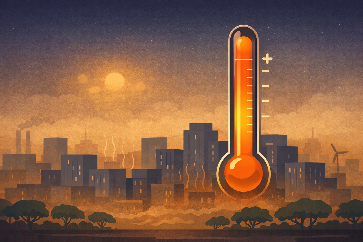 Illustration of a city skyline dissolving into heat haze and smog, with a thermometer rising from the urban landscape — its mercury column glowing amber-orange as it climbs through polluted air