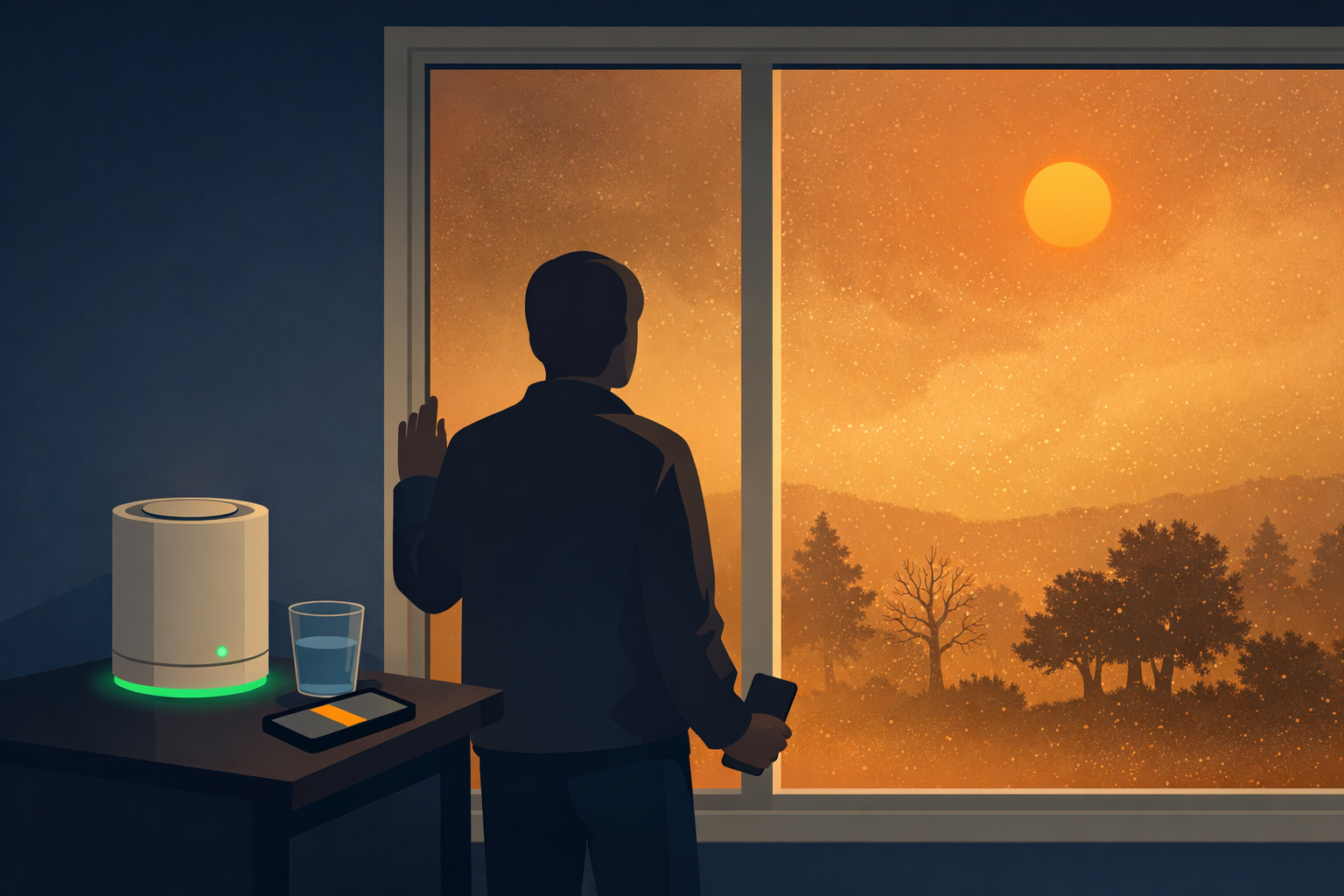 Illustration of a person standing at a window looking out at a landscape covered in wildfire smoke haze — amber-brown sky with a dim sun, while inside the room a HEPA air purifier glows with a green indicator light and a glass of water sits on a nearby table