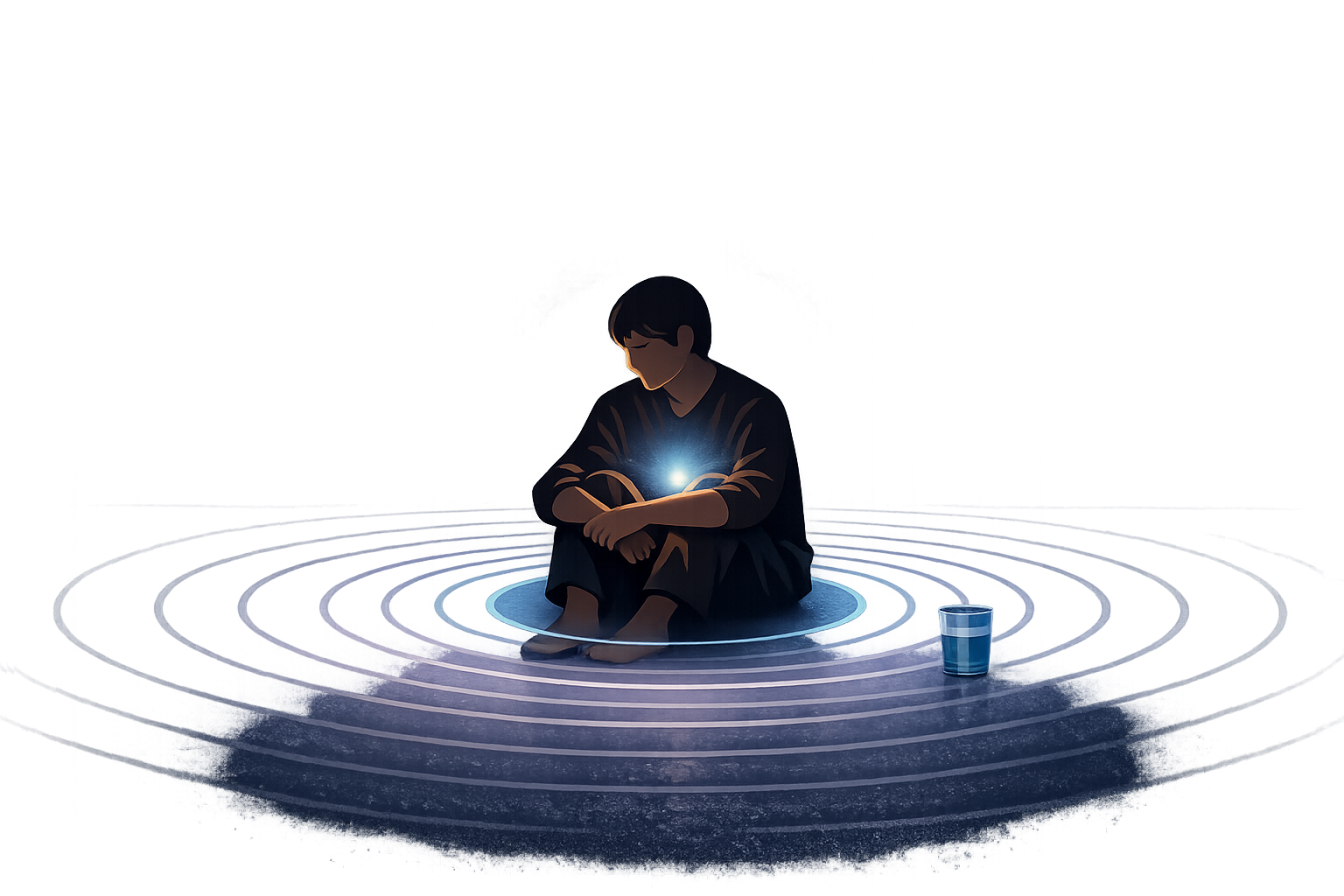 A solitary figure seated in a dark room, concentric rings of steel-blue and lavender light radiating outward from the chest &mdash; the visual metaphor of central sensitization: a nervous system that cannot stop transmitting