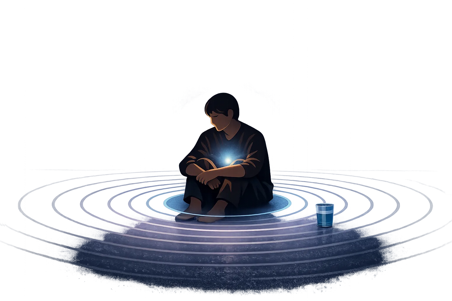 A solitary figure seated in a dark room, concentric rings of steel-blue and lavender light radiating outward from the chest &mdash; the visual metaphor of central sensitization: a nervous system that cannot stop transmitting