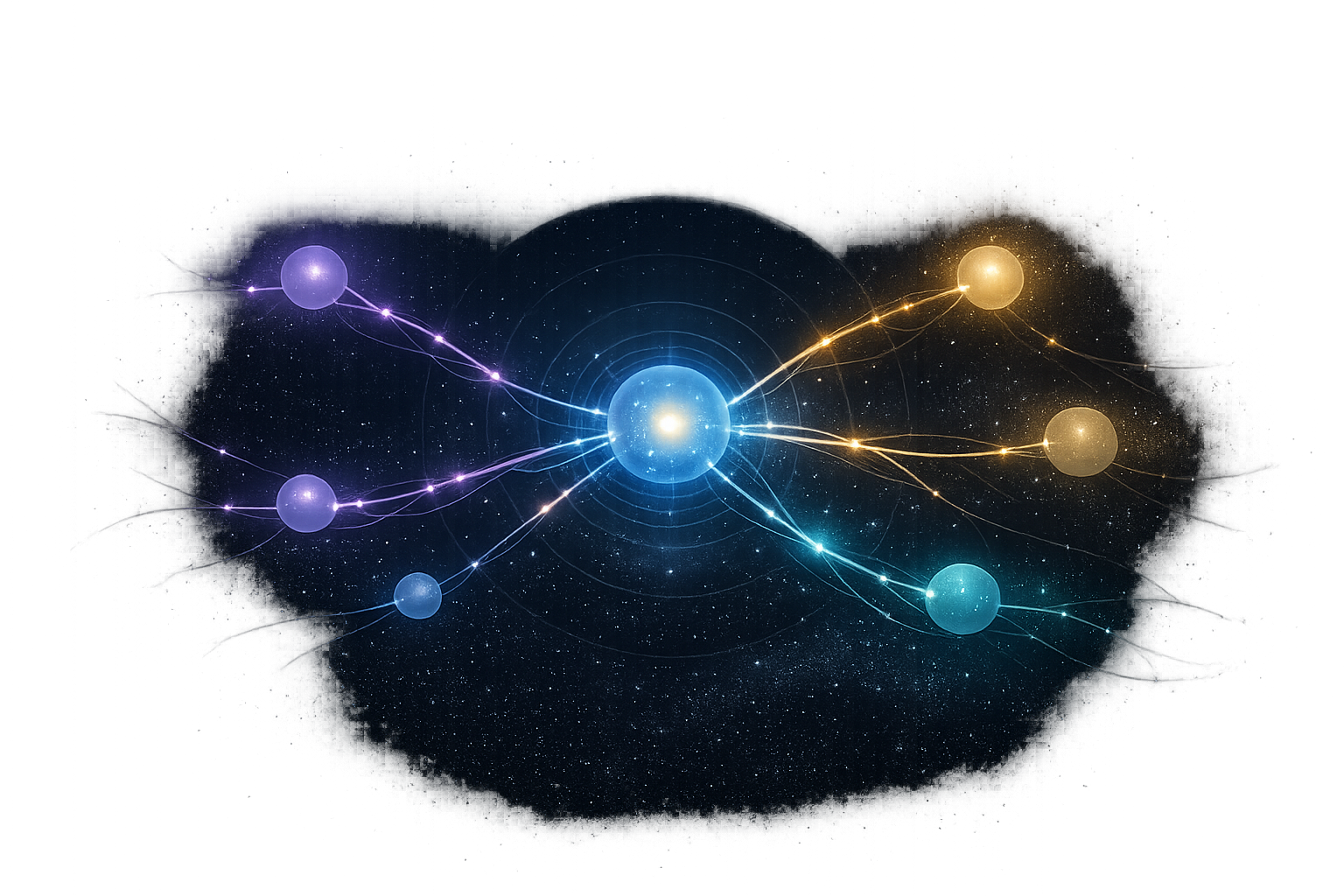 A luminous bioluminescent web of neural connections &mdash; six glowing nodes in blue, lavender, amber, sand, and teal, connected by organic luminous threads floating in deep dark space &mdash; the invisible biological network linking migraine to depression, anxiety, fibromyalgia, IBS, and Raynaud&rsquo;s